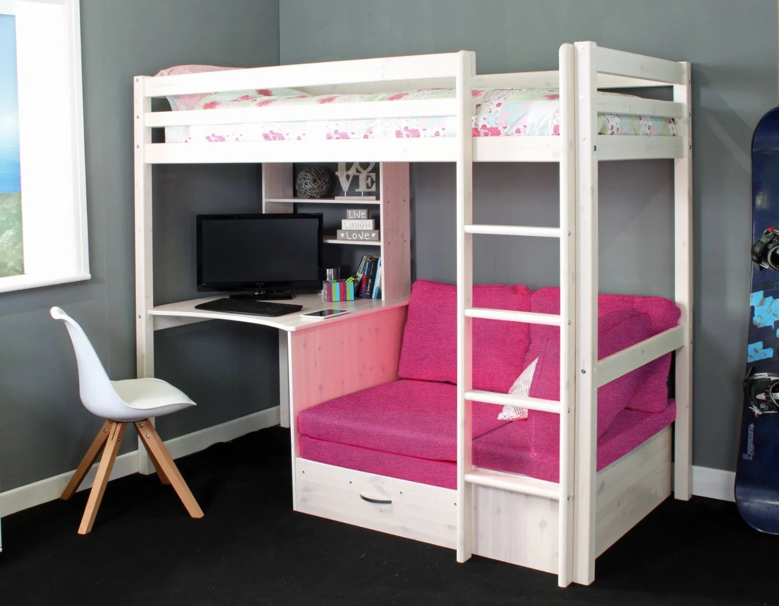 High Sleeper Bed with Desk & Sofa - Pine, MDF