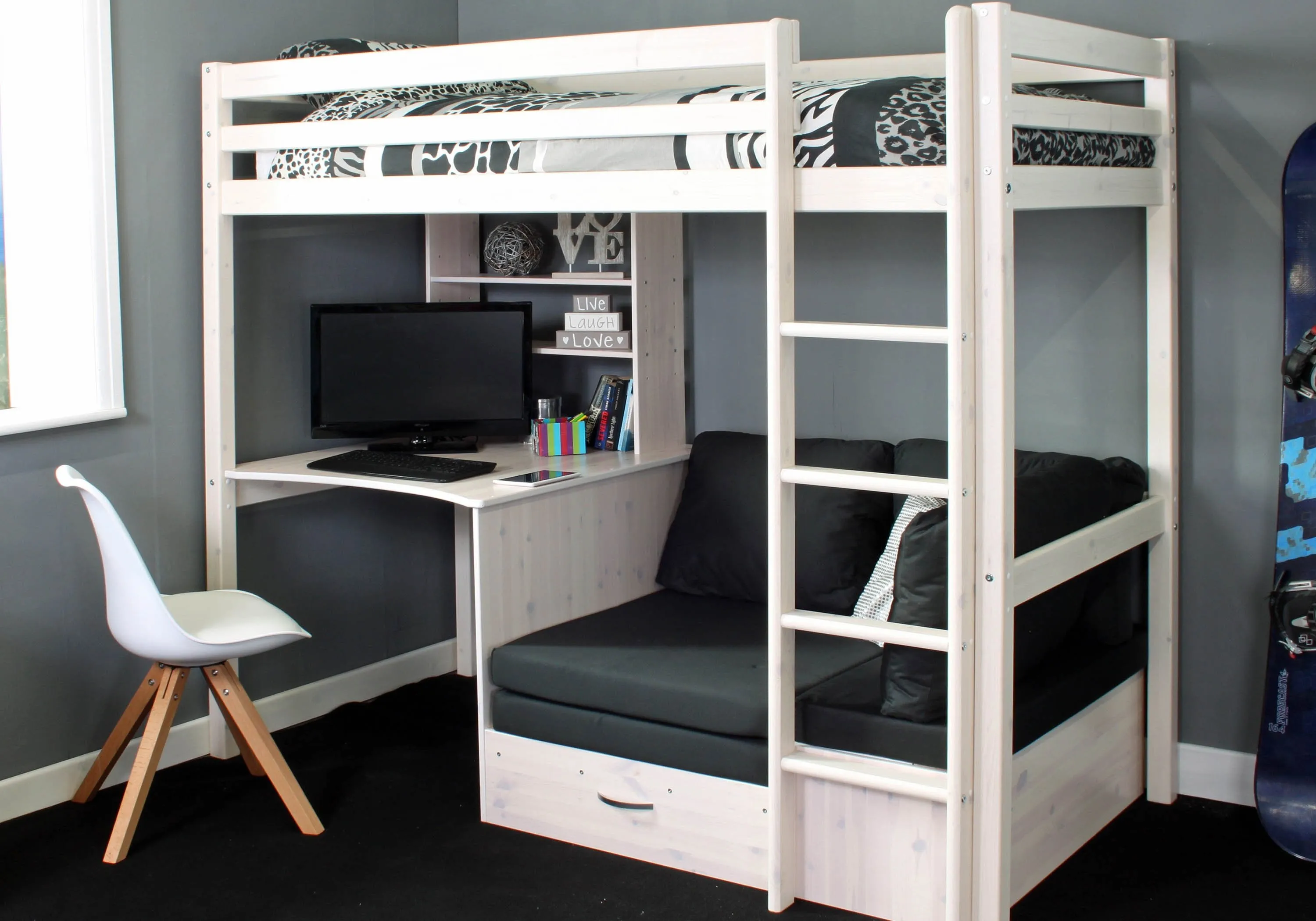 High Sleeper Bed with Desk & Sofa - Pine, MDF
