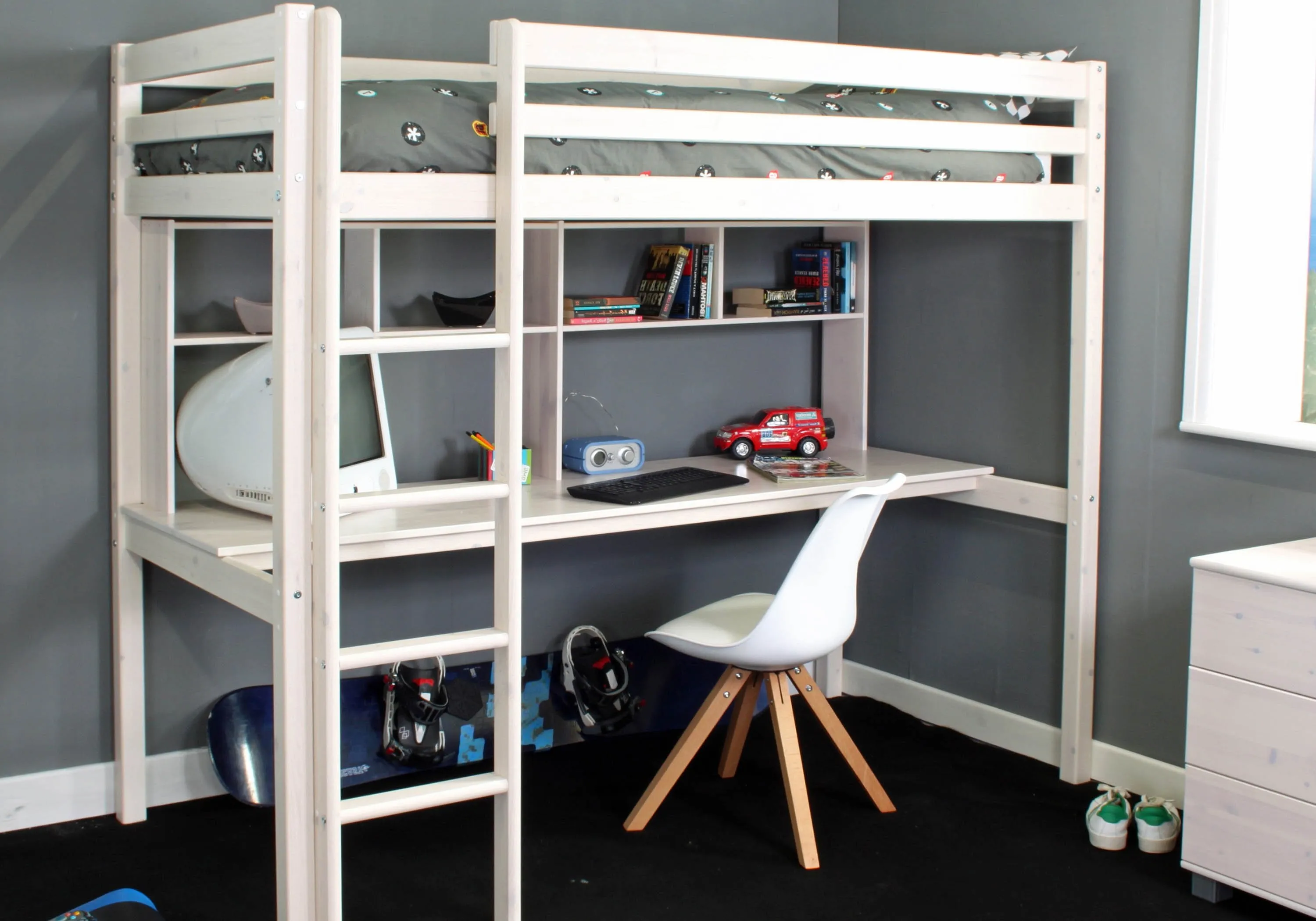 High Sleeper Bed with Full Desk - White, Pine image