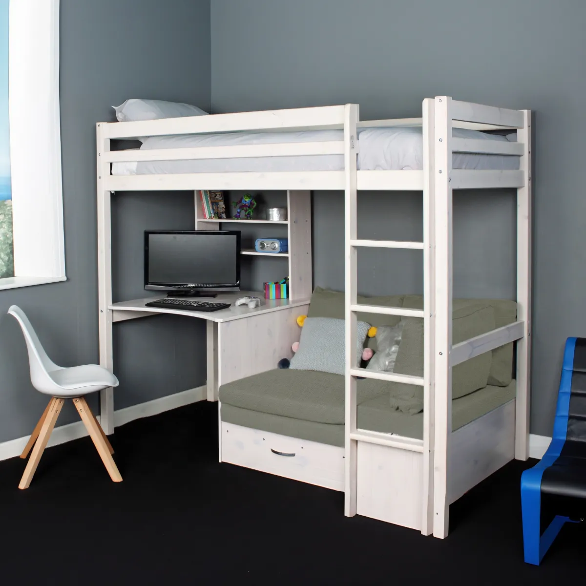 High Sleeper with Desk & Sofa - White, Pine