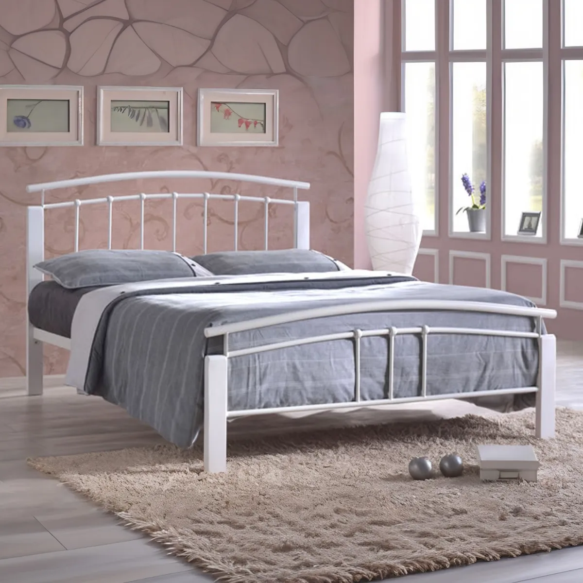 Double Bed Frame with Curved Design - White, Metal