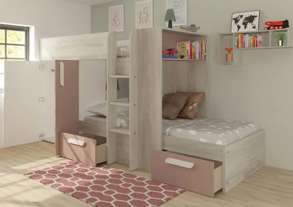 Bunk Bed with Storage & Wardrobe - Pink, Wood