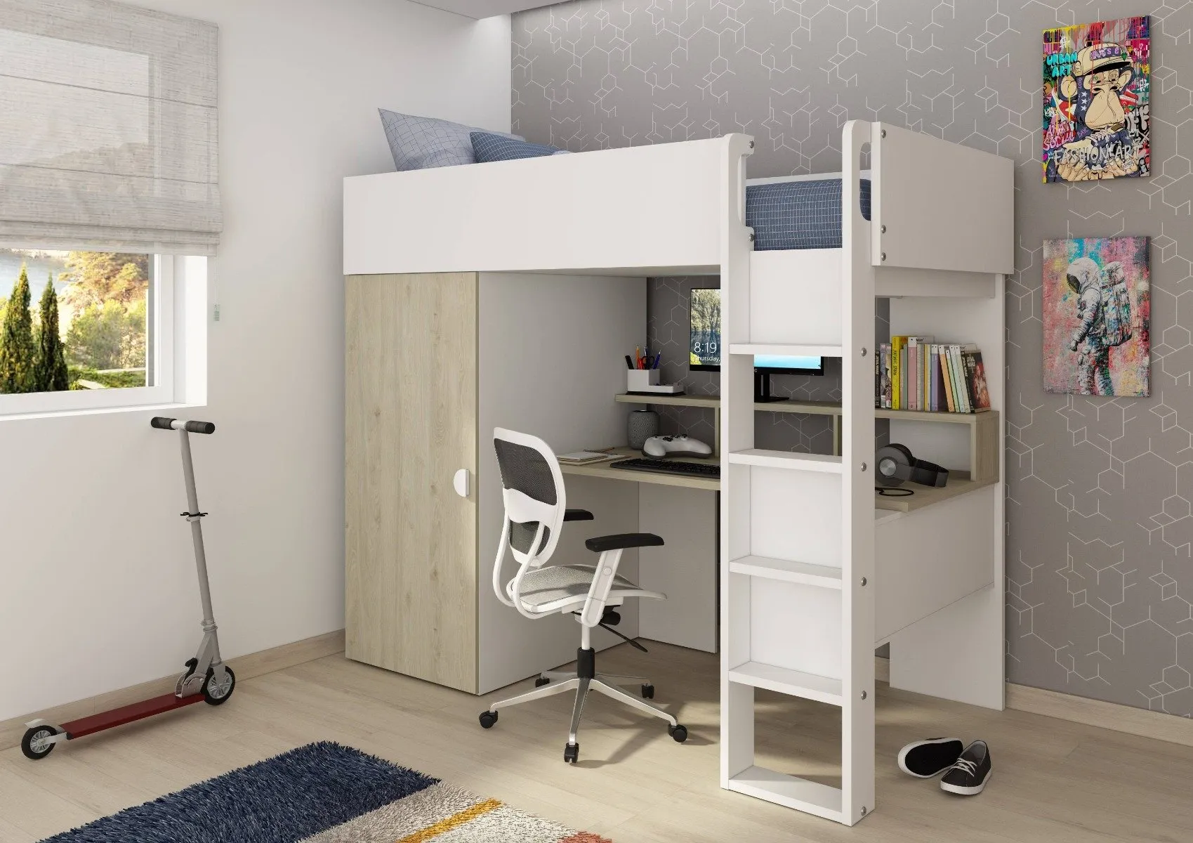 Flow High Sleeper with Wardrobe - White, Wood image