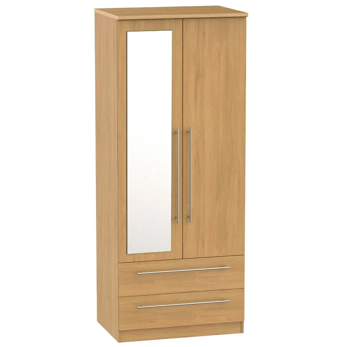 2-Door Mirror Wardrobe with Drawers - Oak