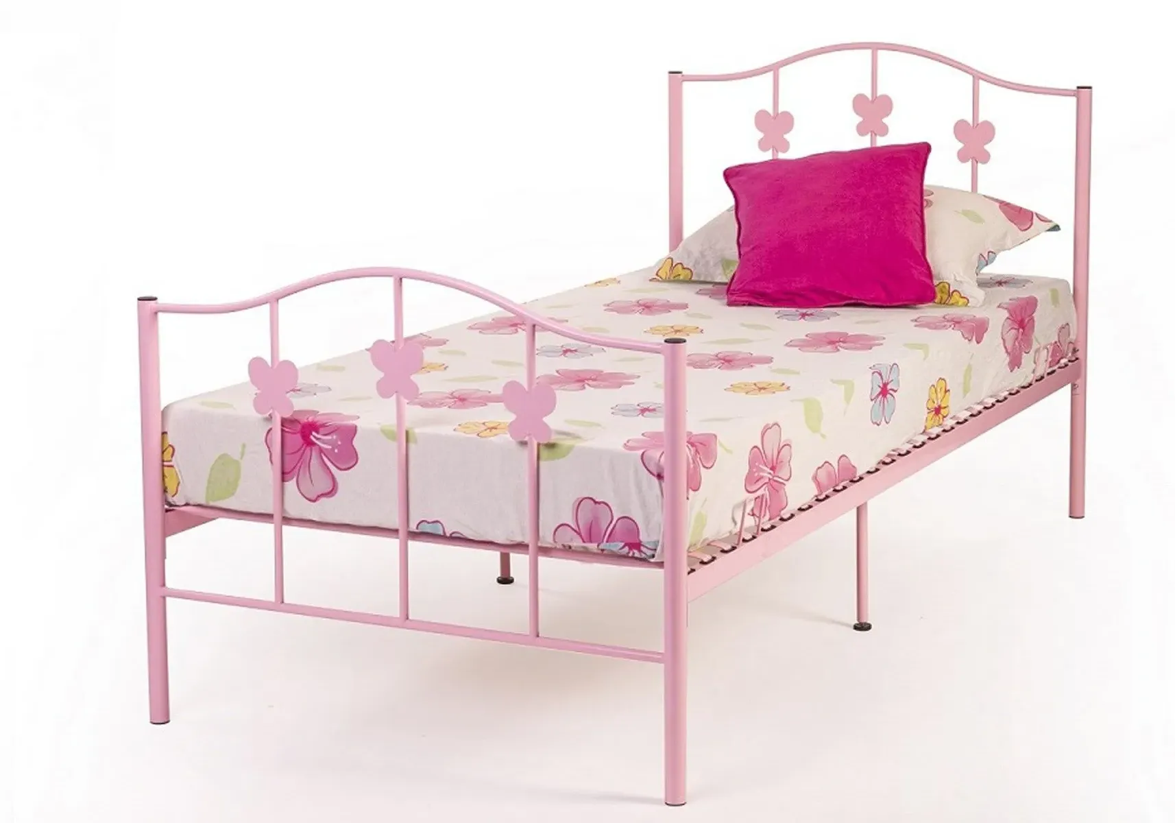 Single Bed Frame with Butterfly Design - Pink Metal image