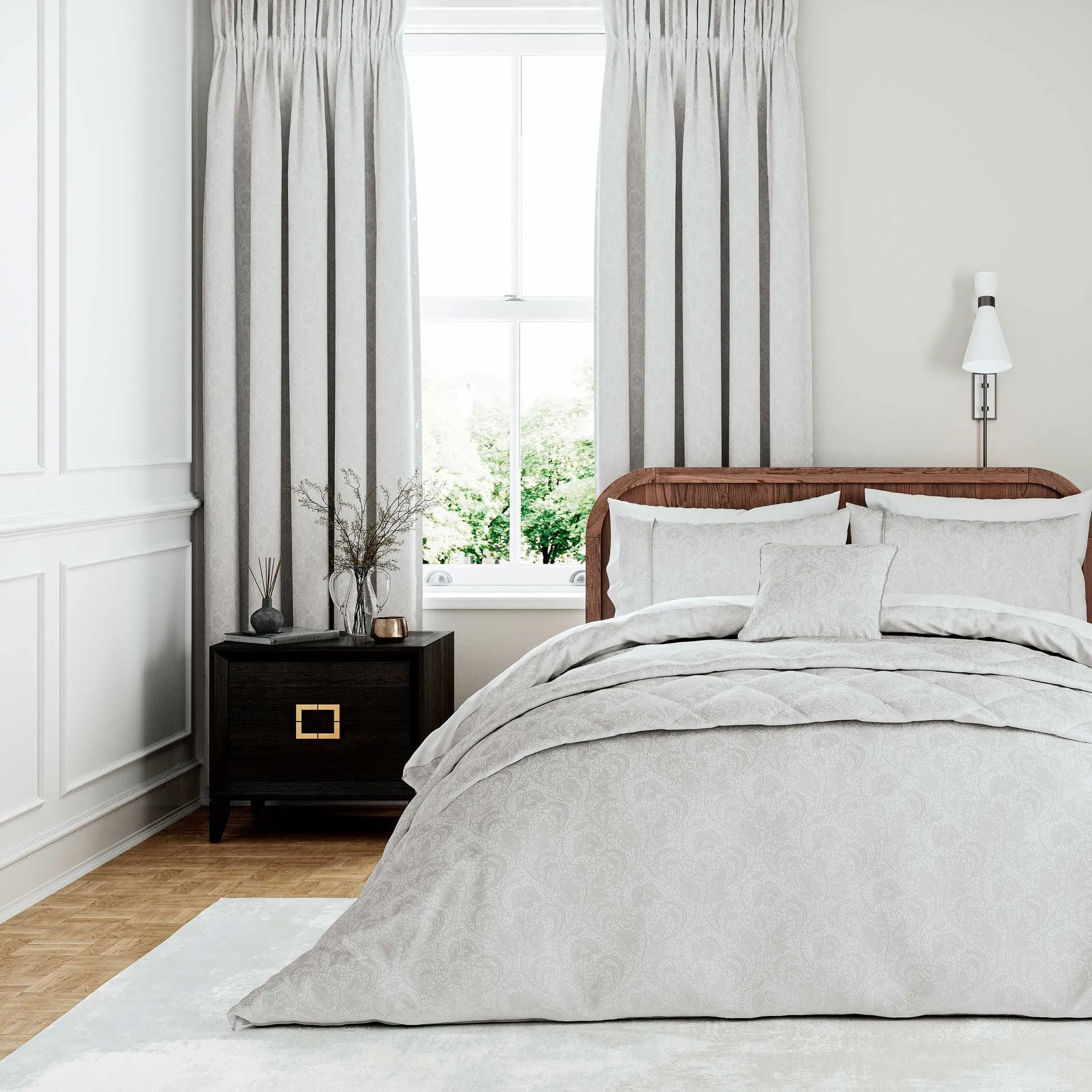 Lined Curtains with Botanical Pattern - Platinum