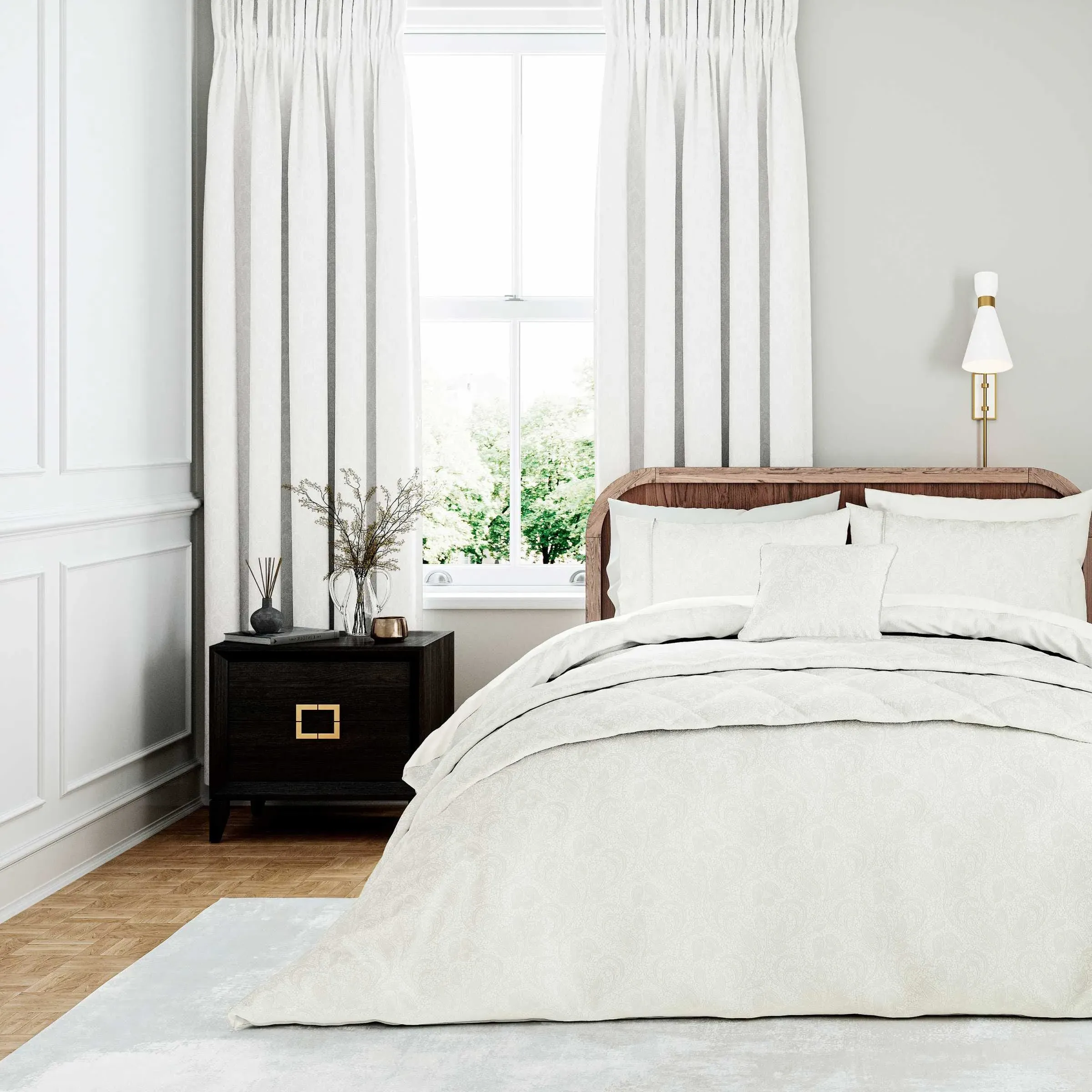 Lined Curtains with Botanical Pattern - White