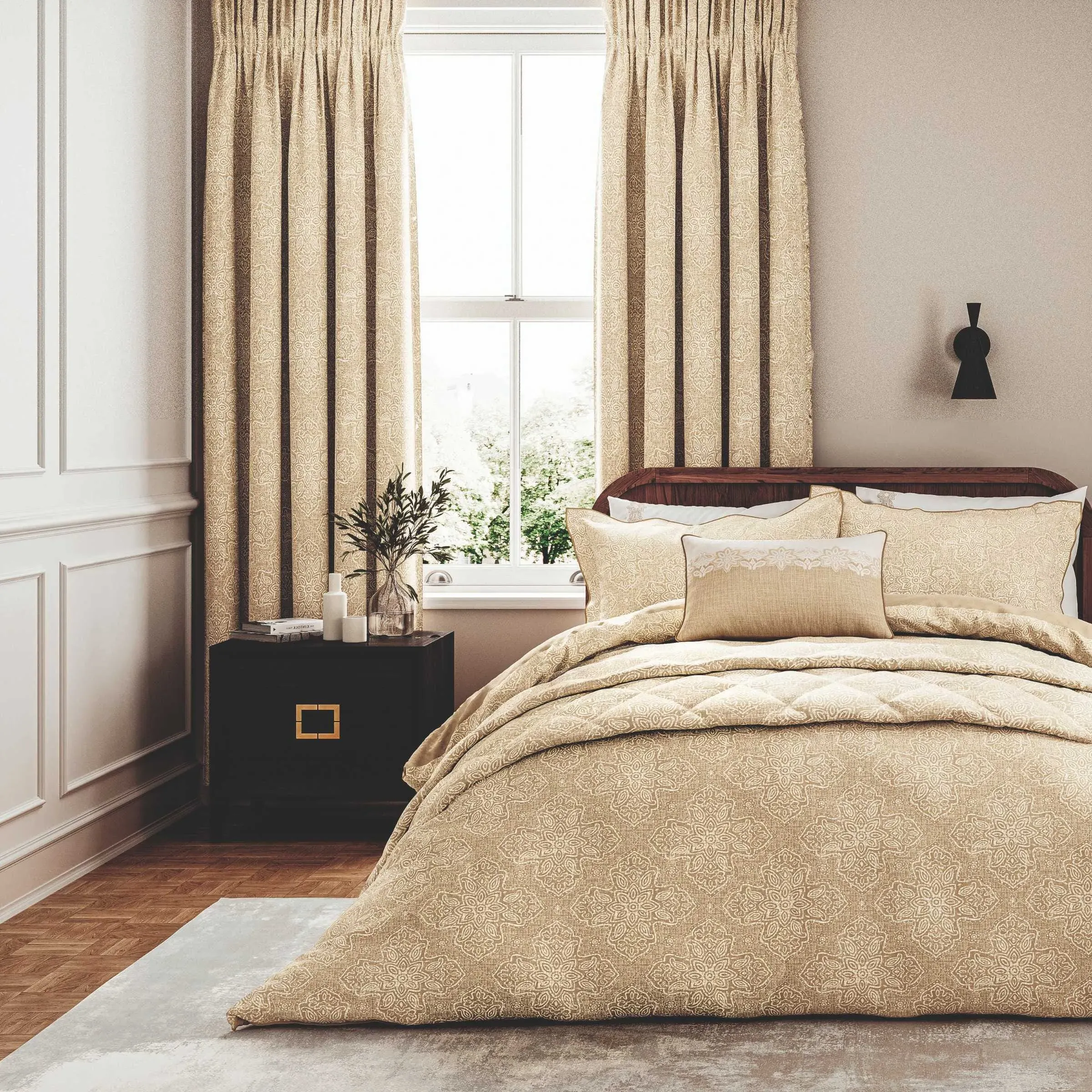 Lined Curtains with Damask Pattern - Soft Gold image