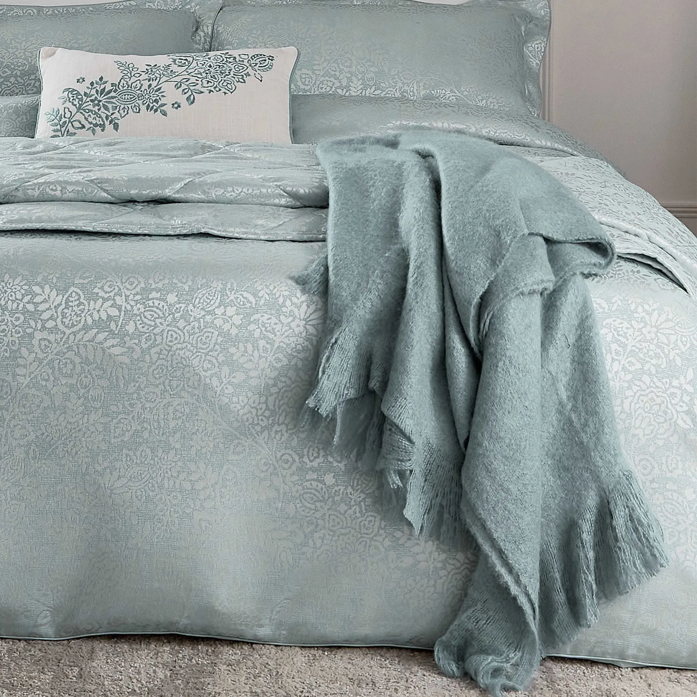 Quilted Throw with Fringe - Duck Egg, Cotton image