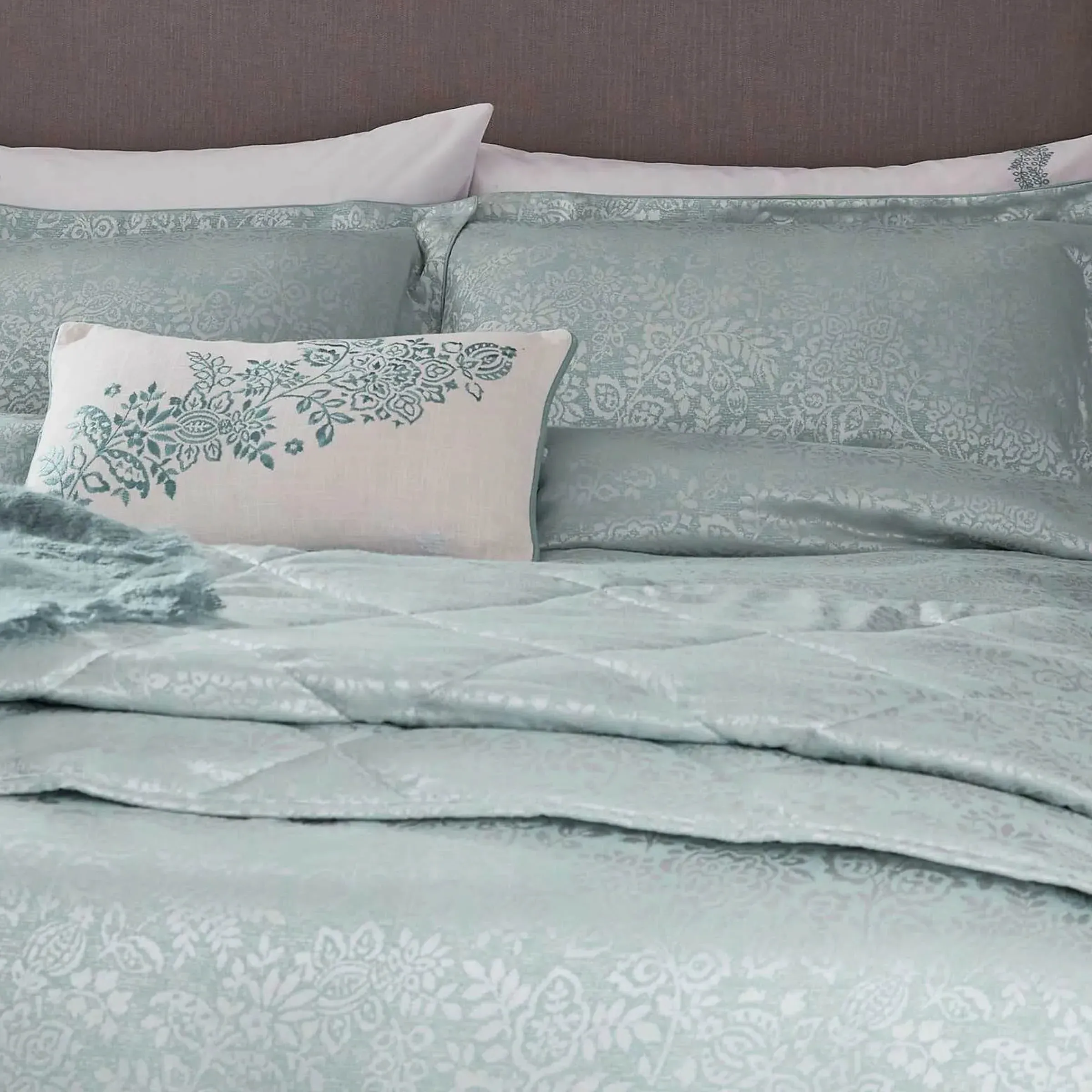 Quilted Throw with Fringe - Duck Egg, Cotton image