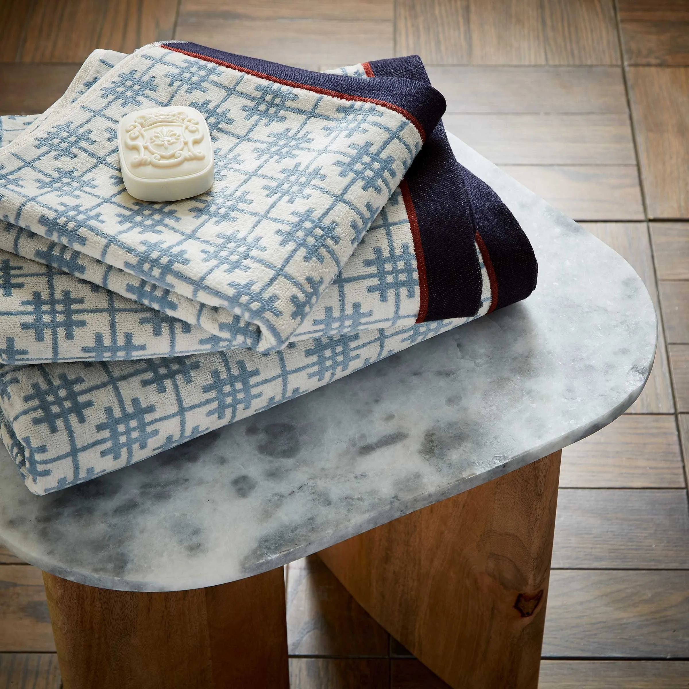 Bath Towel with Check Pattern - Blue, Cotton