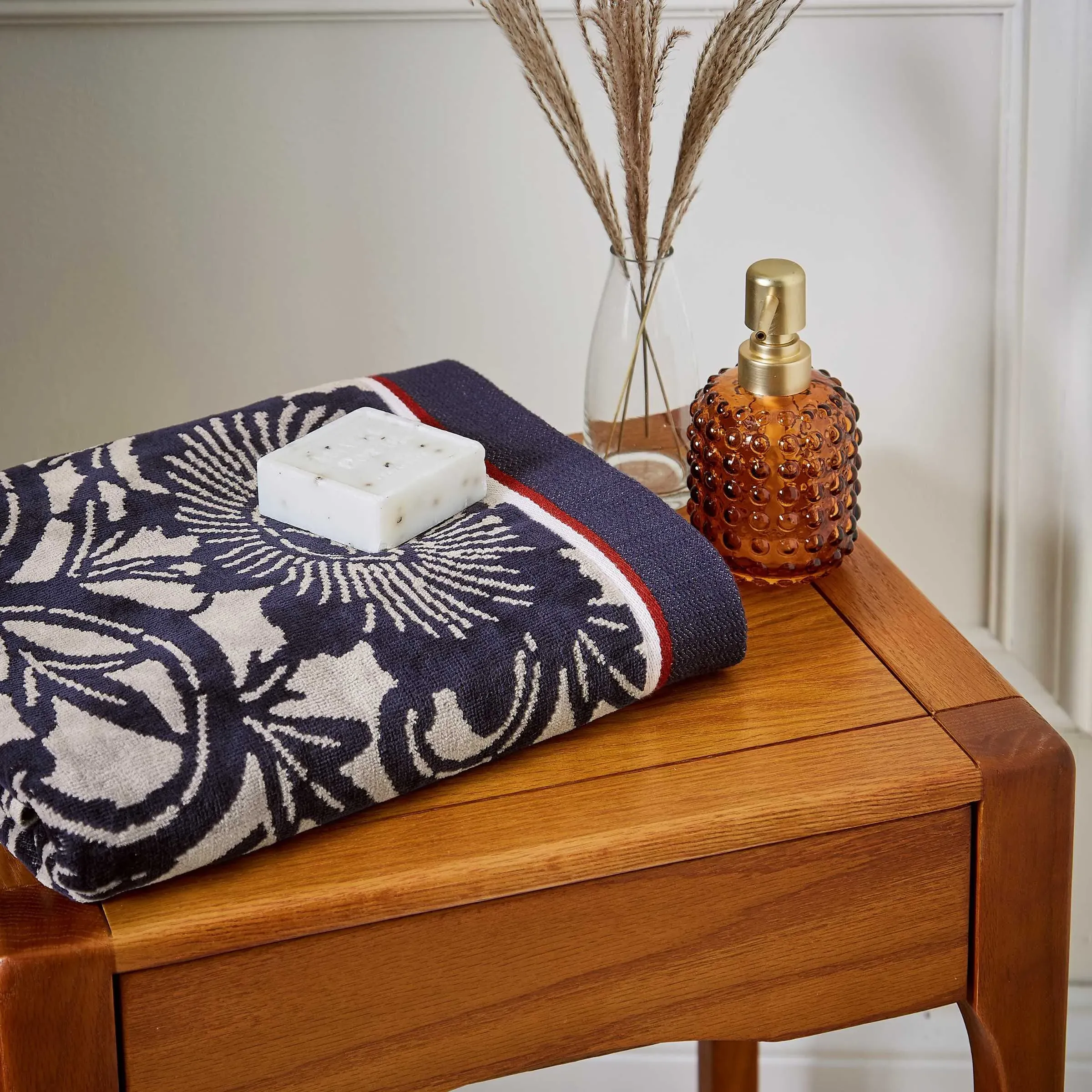 Bath Towel with Floral Design - Navy, Cotton