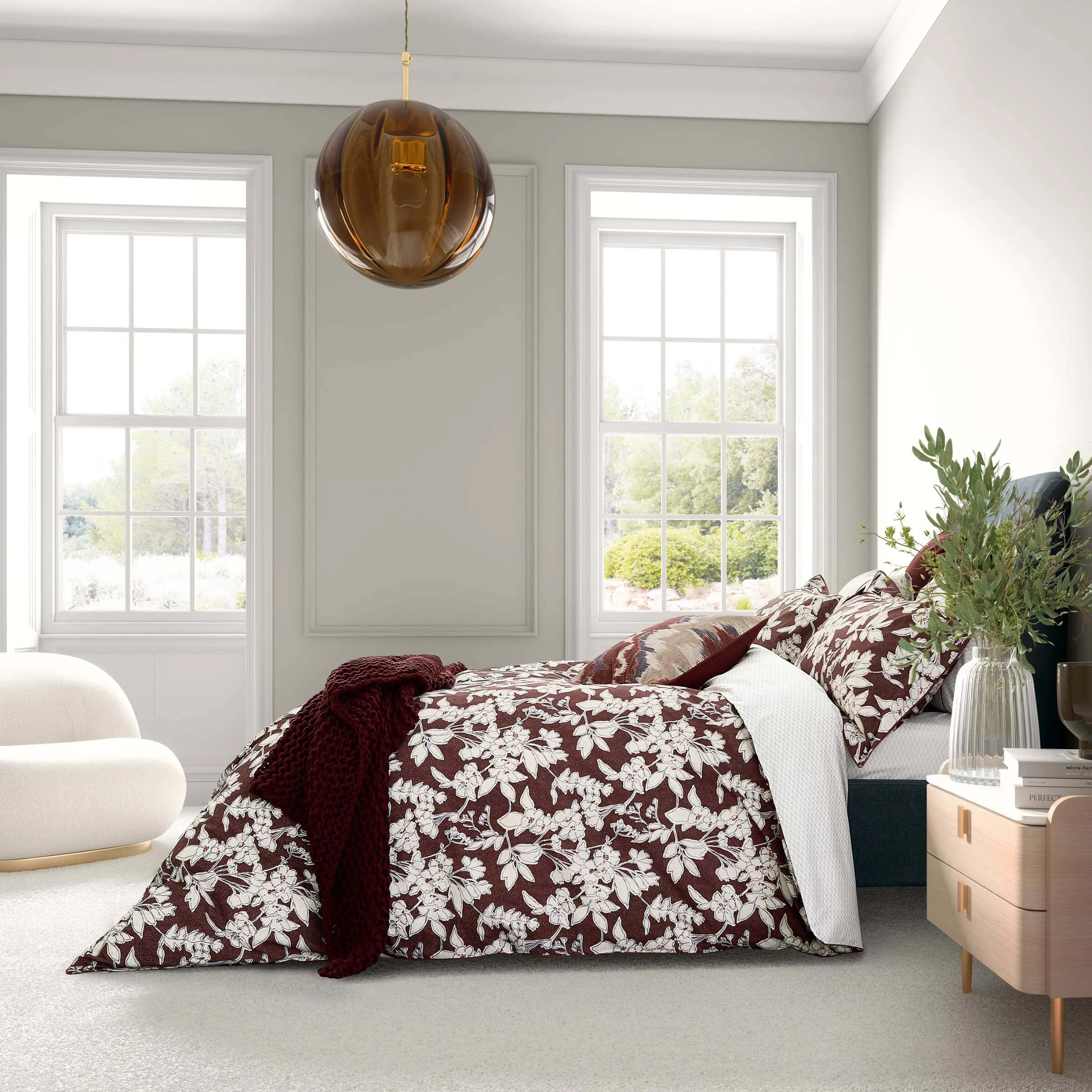 Double Duvet Cover with Floral Design - Mulberry