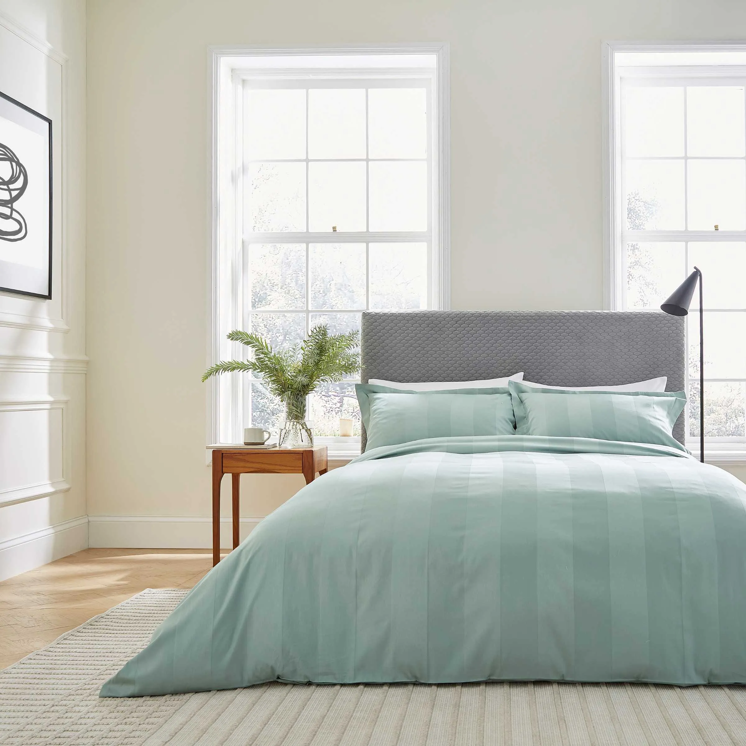 King Size Duvet Cover Set with Stripes - Celadon
