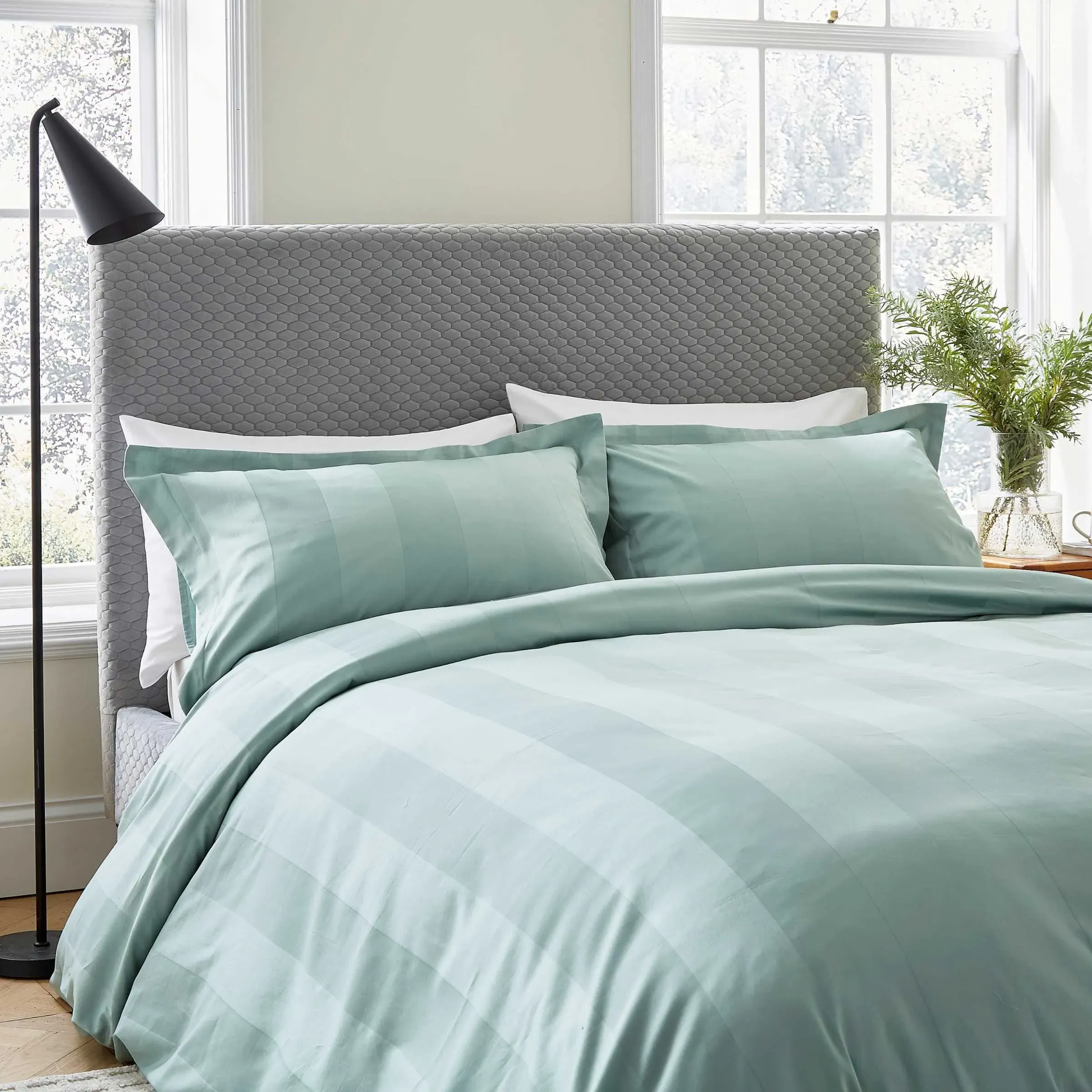 King Size Duvet Cover Set with Stripes - Celadon