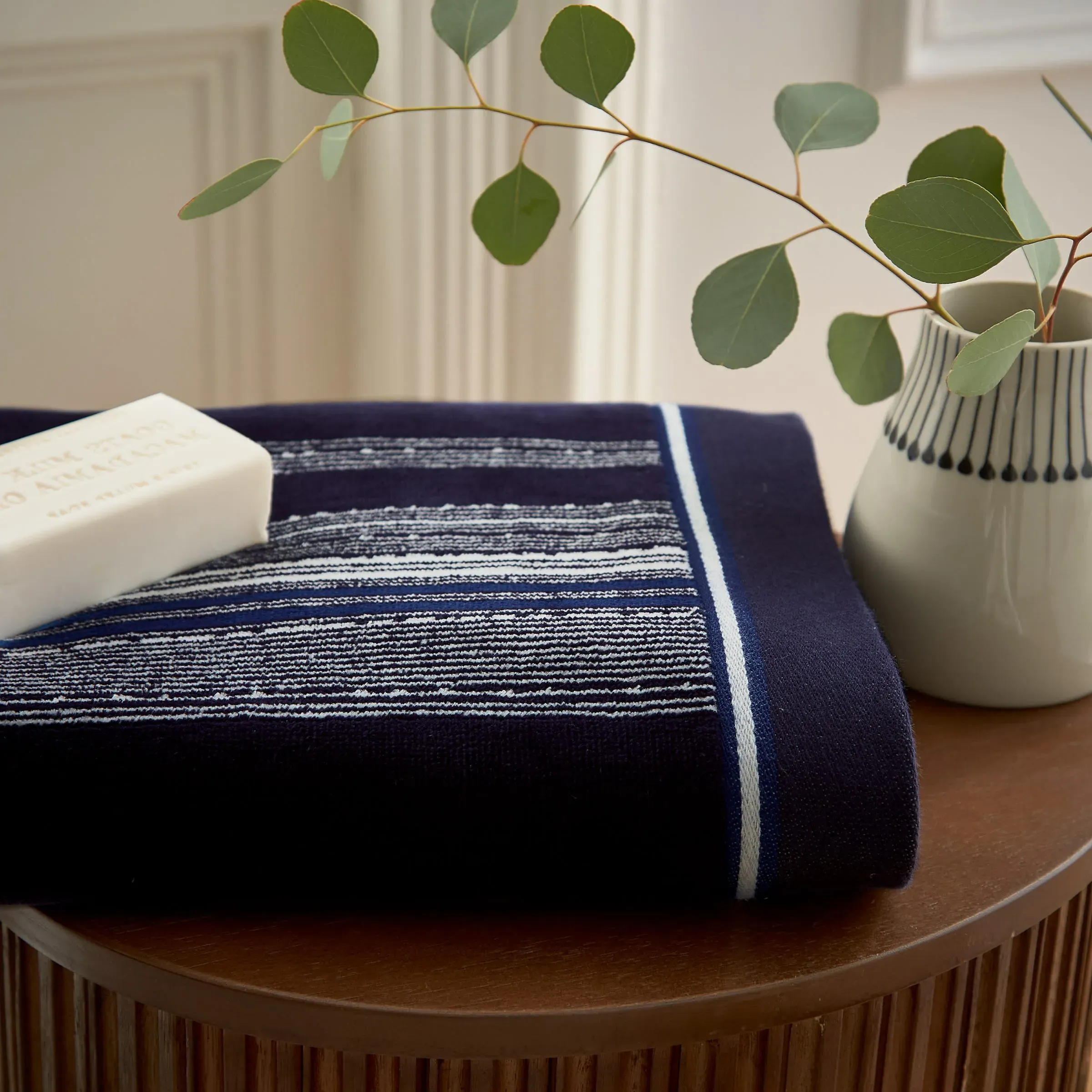 Hand Towel with Striped Design - Navy, Cotton