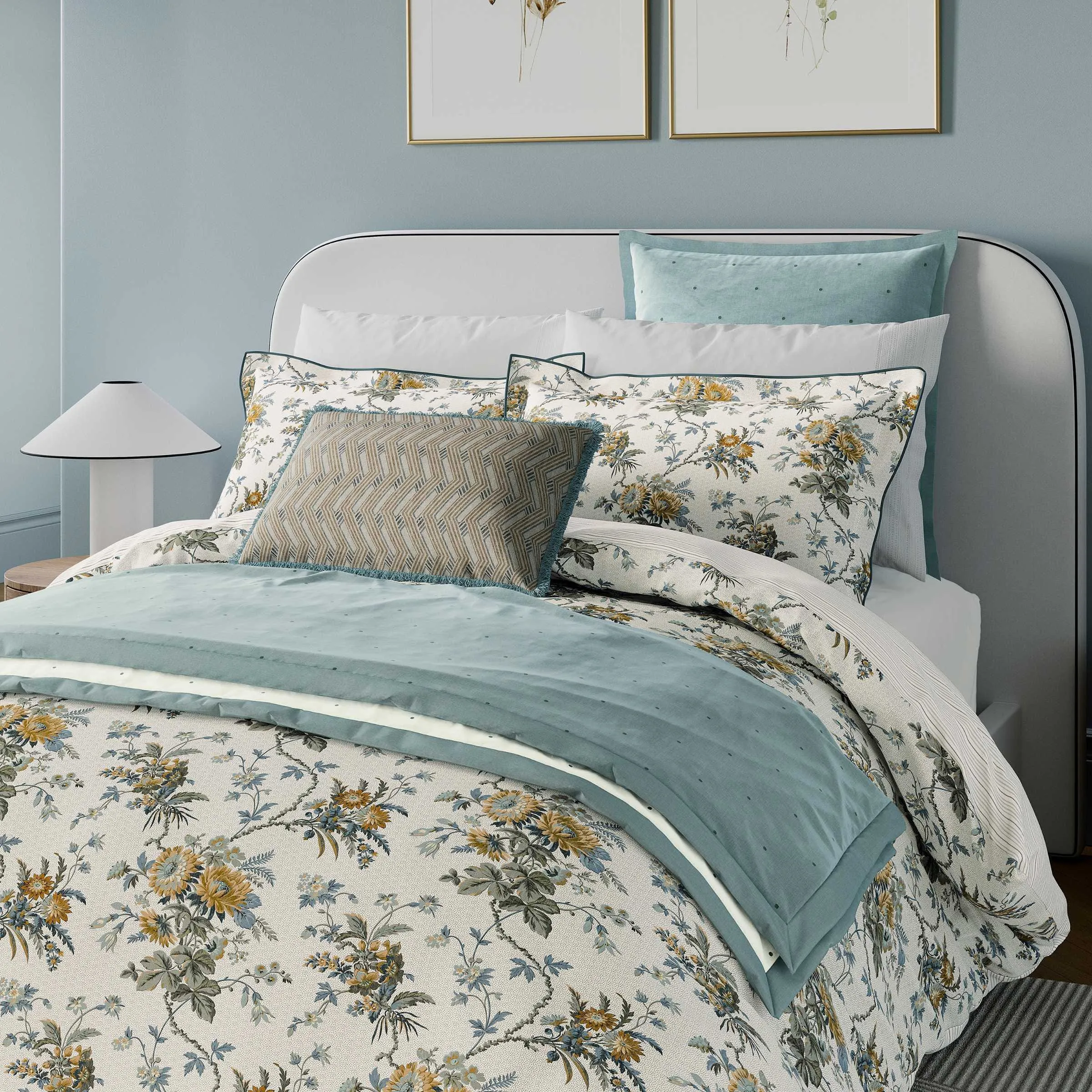 Quilted Throw with Floral Design - Duck Egg, Cotton