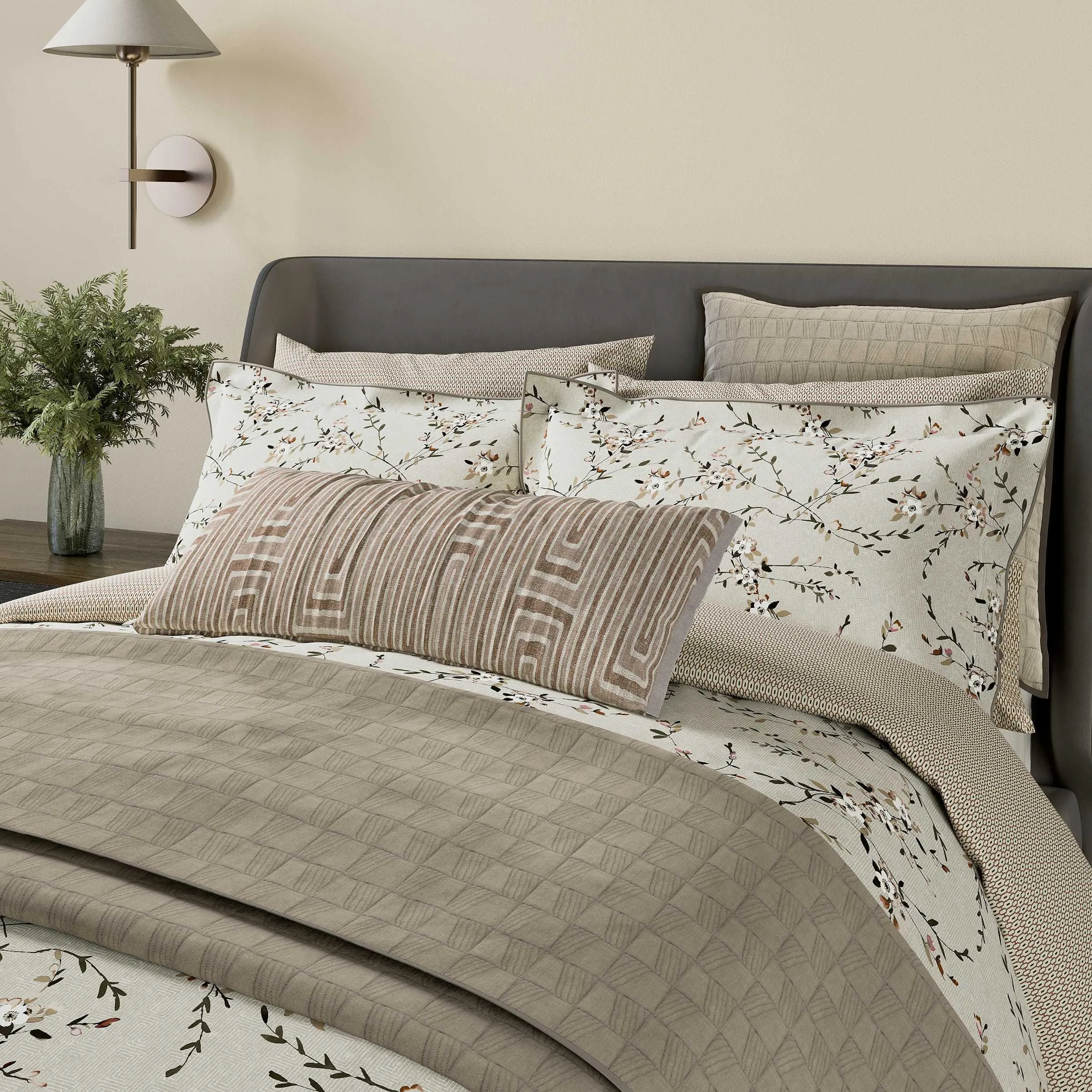 Quilted Throw with Floral Design - Warm Grey