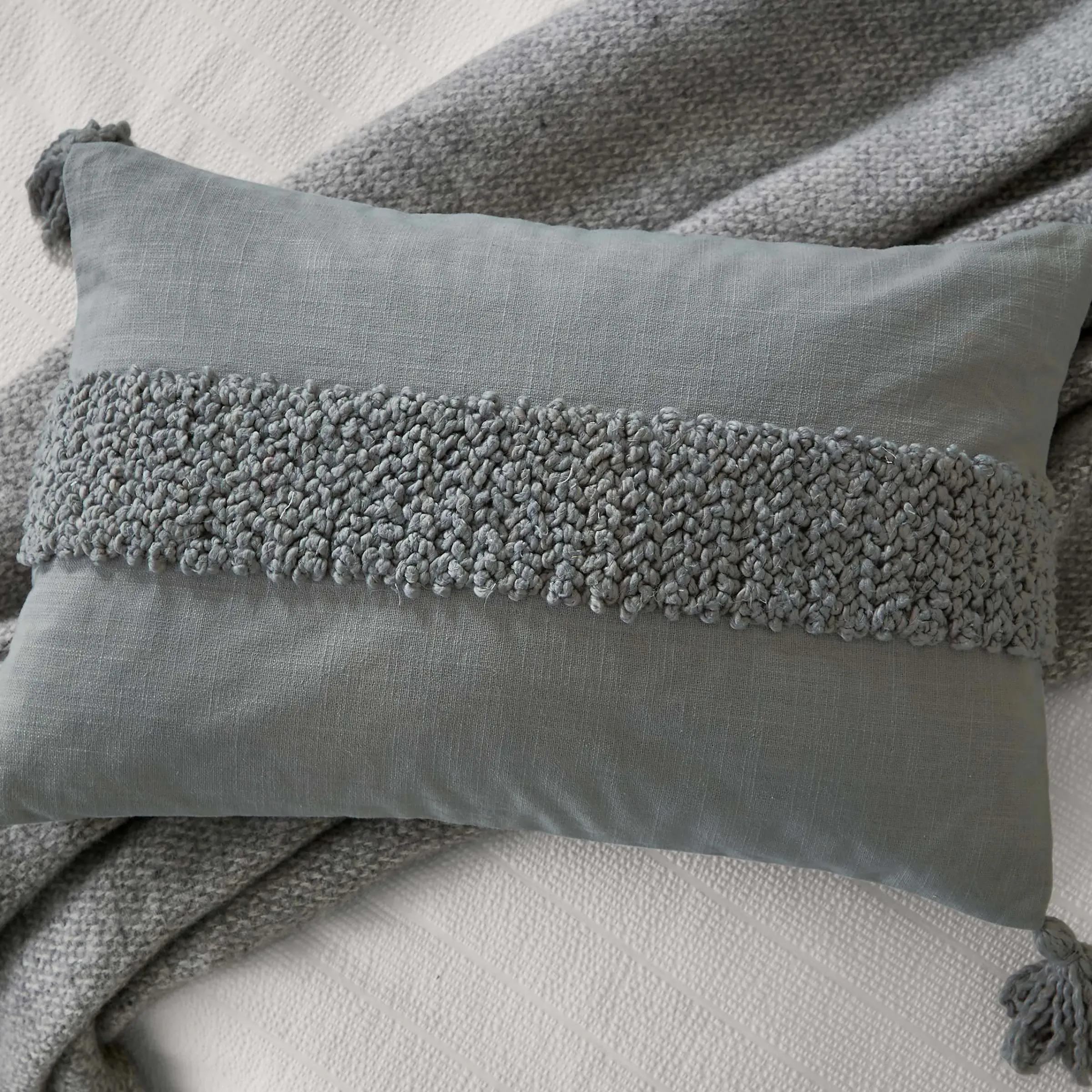 Embroidered Cushion with Tassels - Grey, Cotton