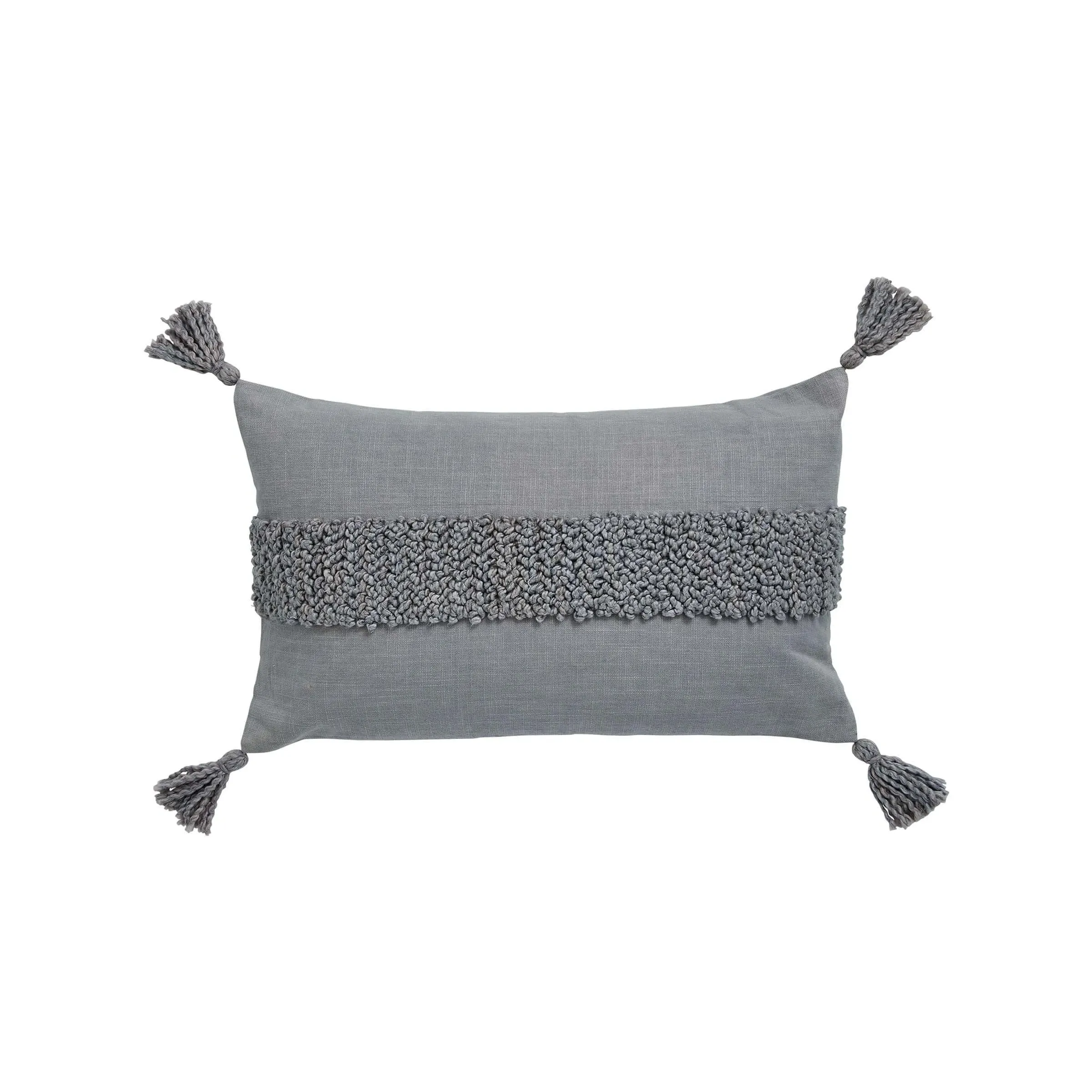 Embroidered Cushion with Tassels - Grey, Cotton