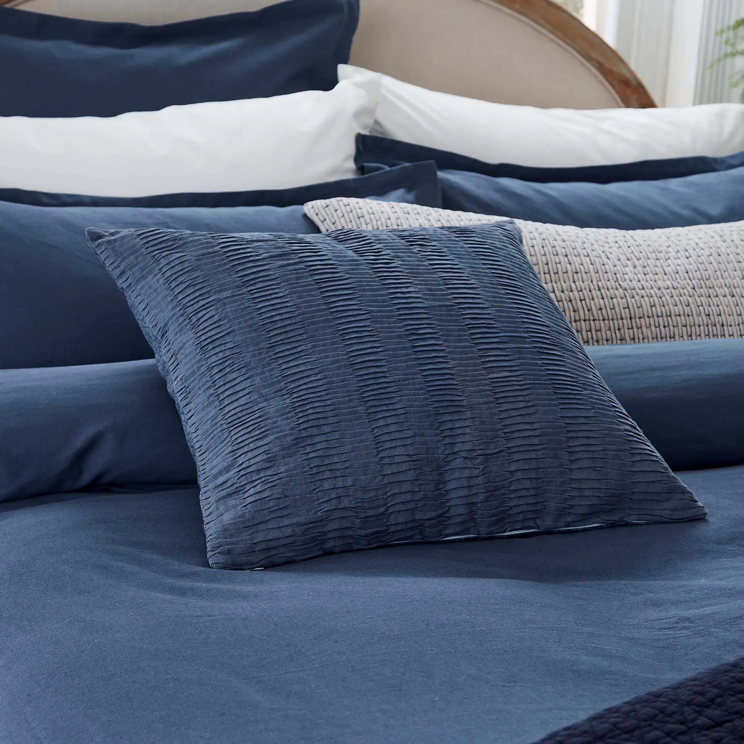 Square Cushion with Pleat Pattern - Indigo, Linen
