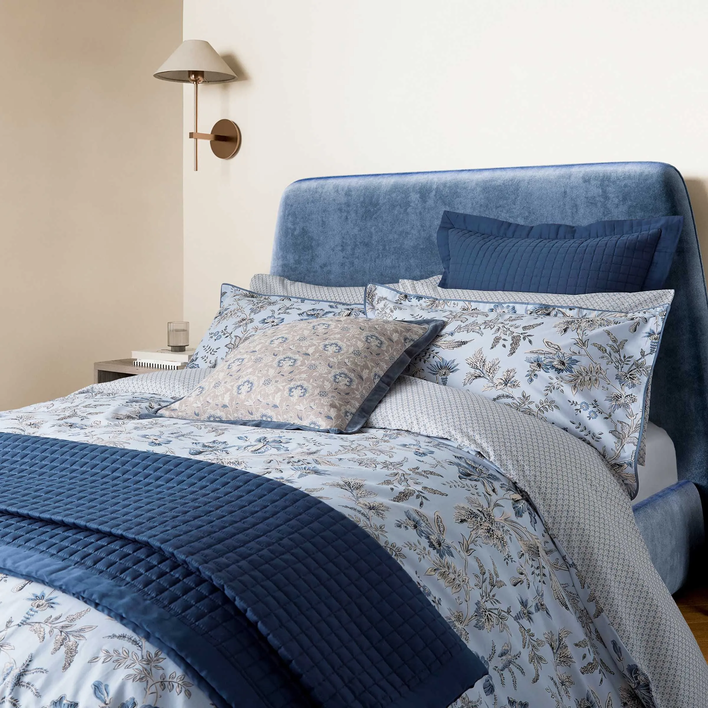 Square Cushion with Velvet Trim - Blue, Linen