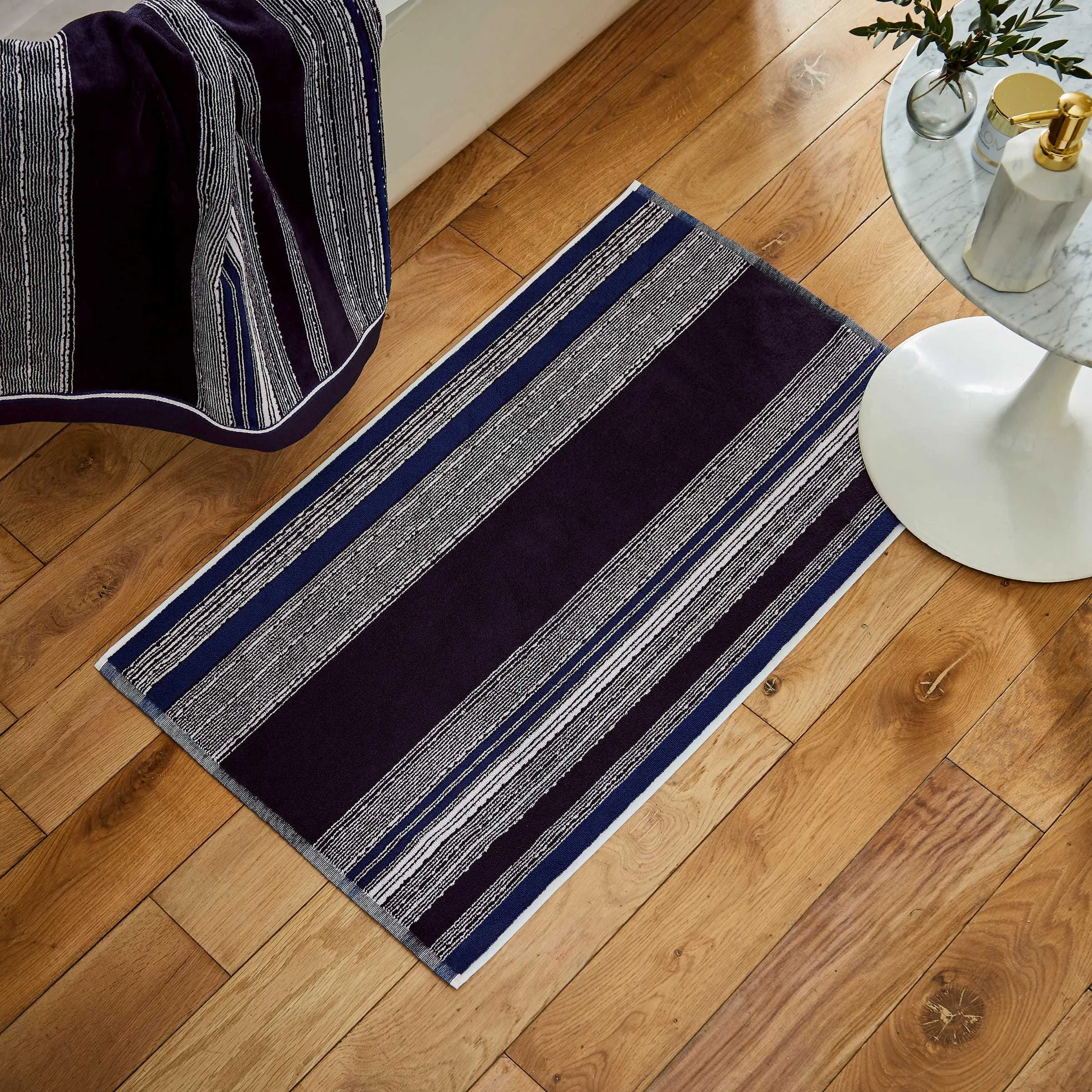 Striped Bath Mat - Navy, Cotton Velour