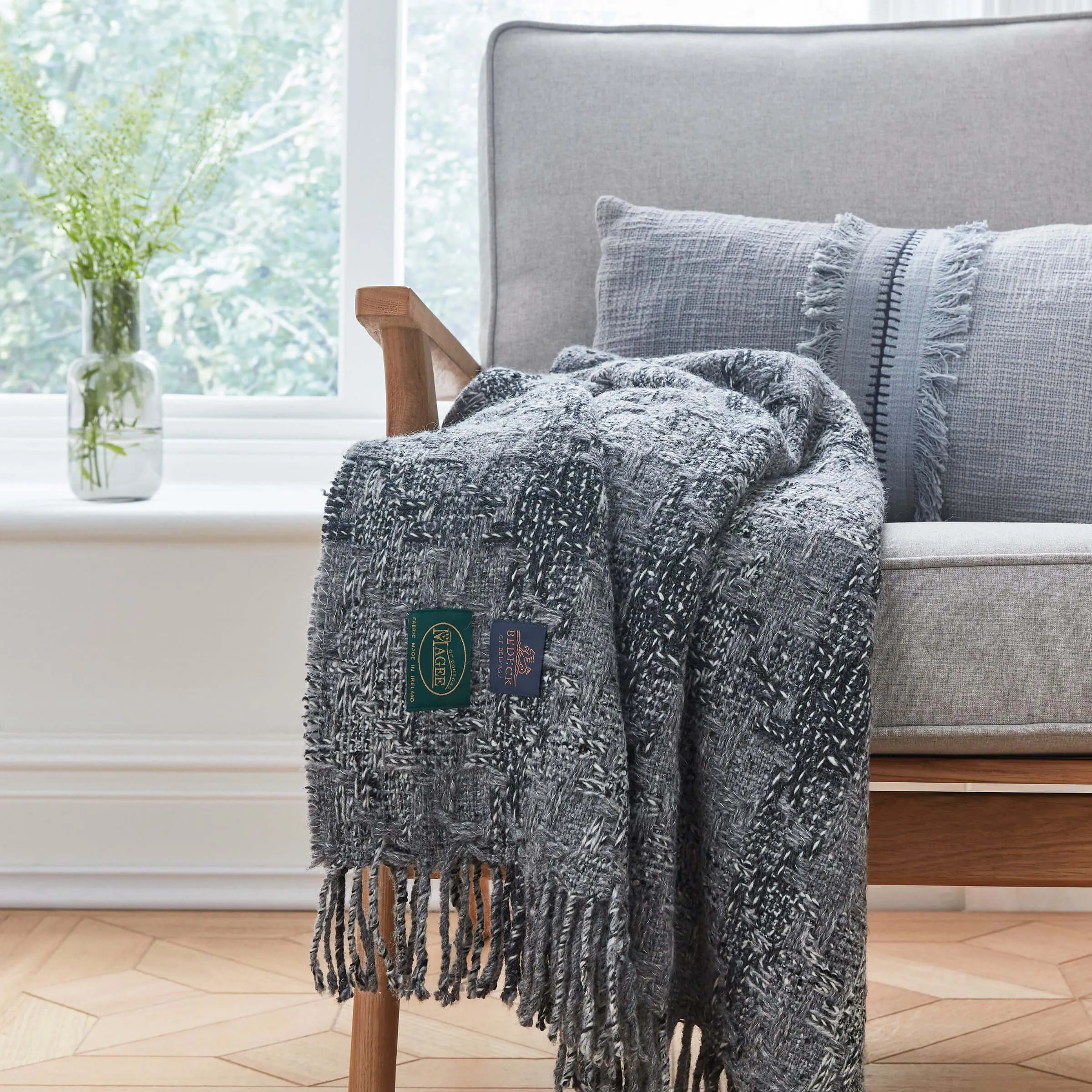 Woven Throw with Fringe - Grey, Wool