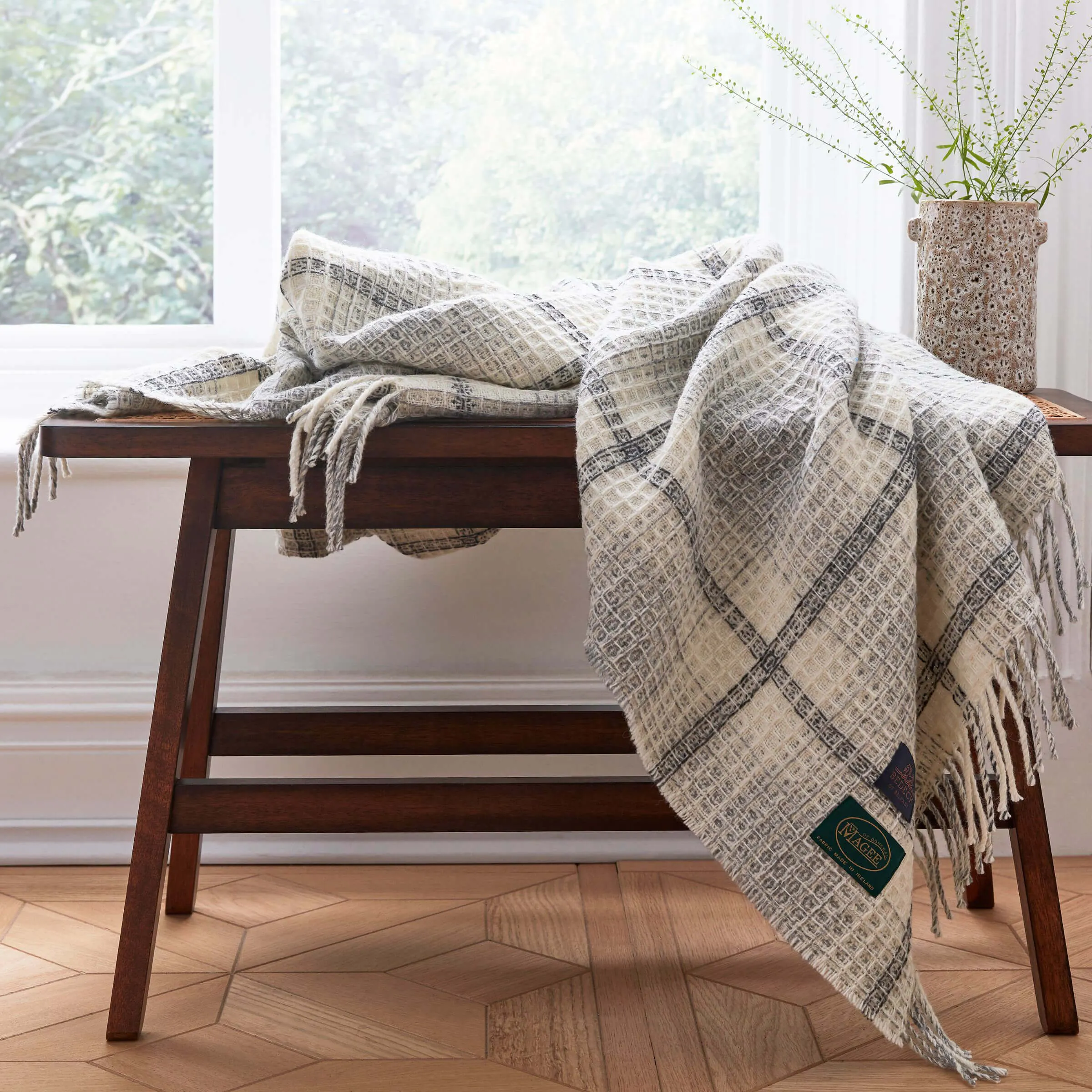 Woven Throw with Fringe - Grey, Wool