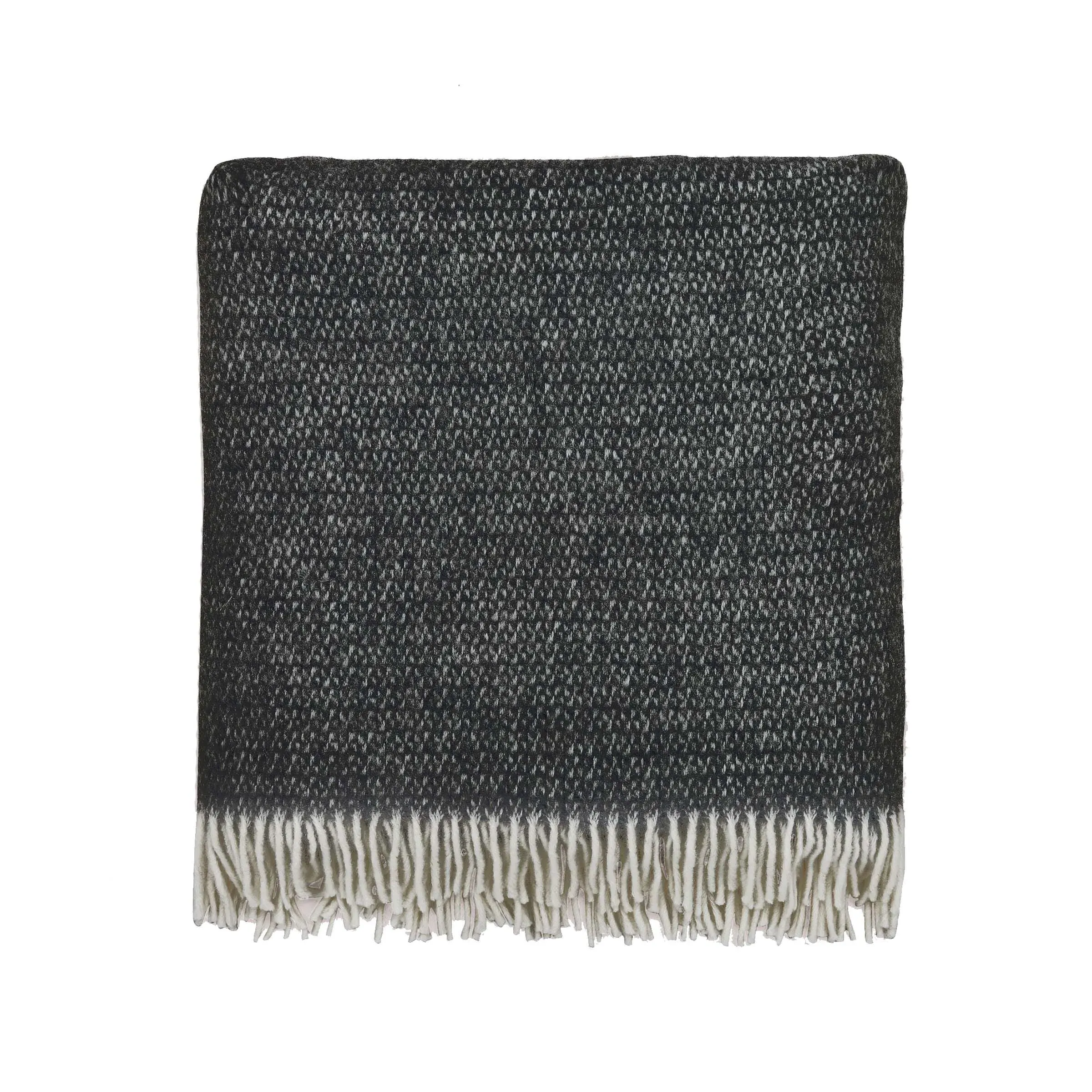 Fringed Throw with Floral Design - Charcoal, Wool