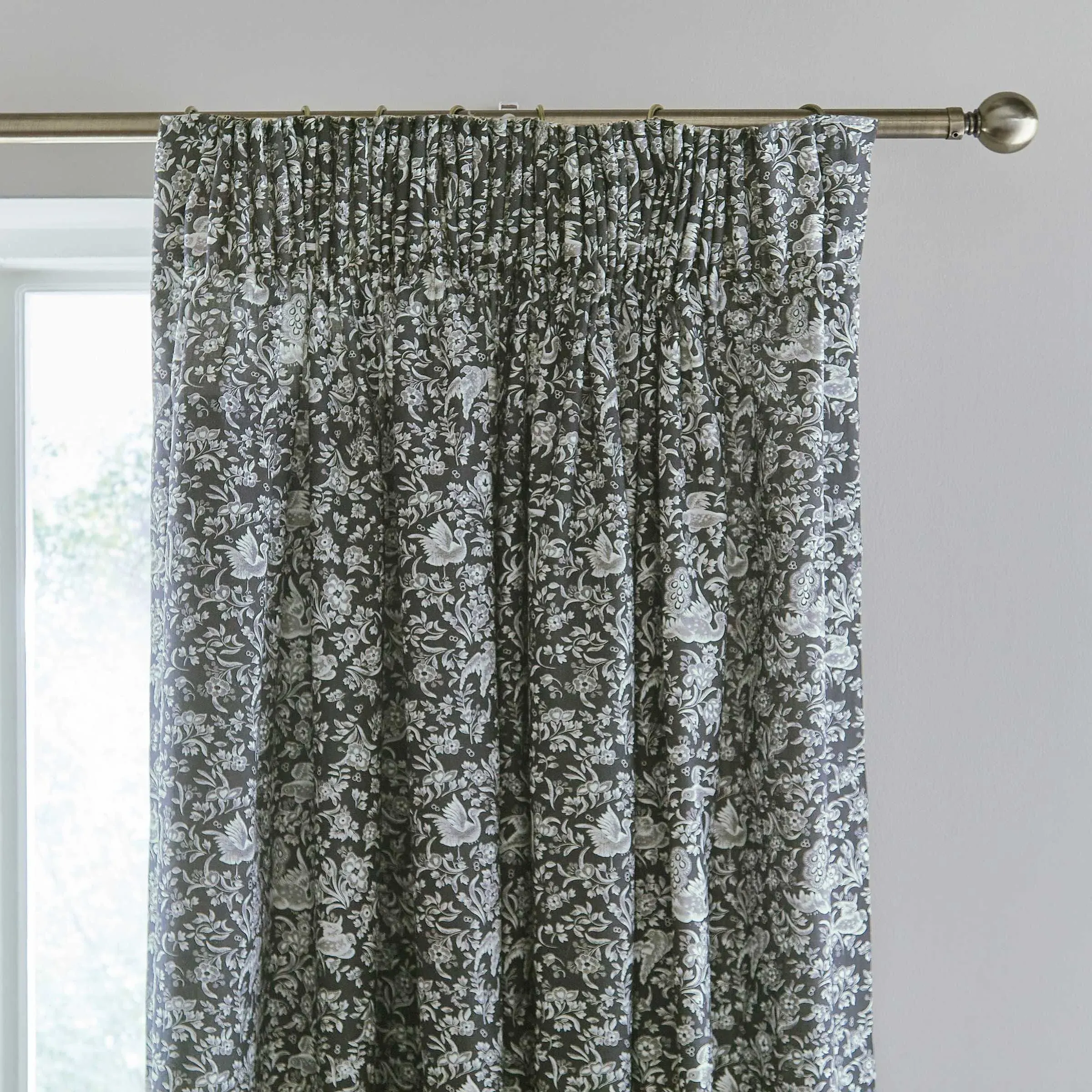 Lined Curtains with Peacock Print - Charcoal, Cotton image