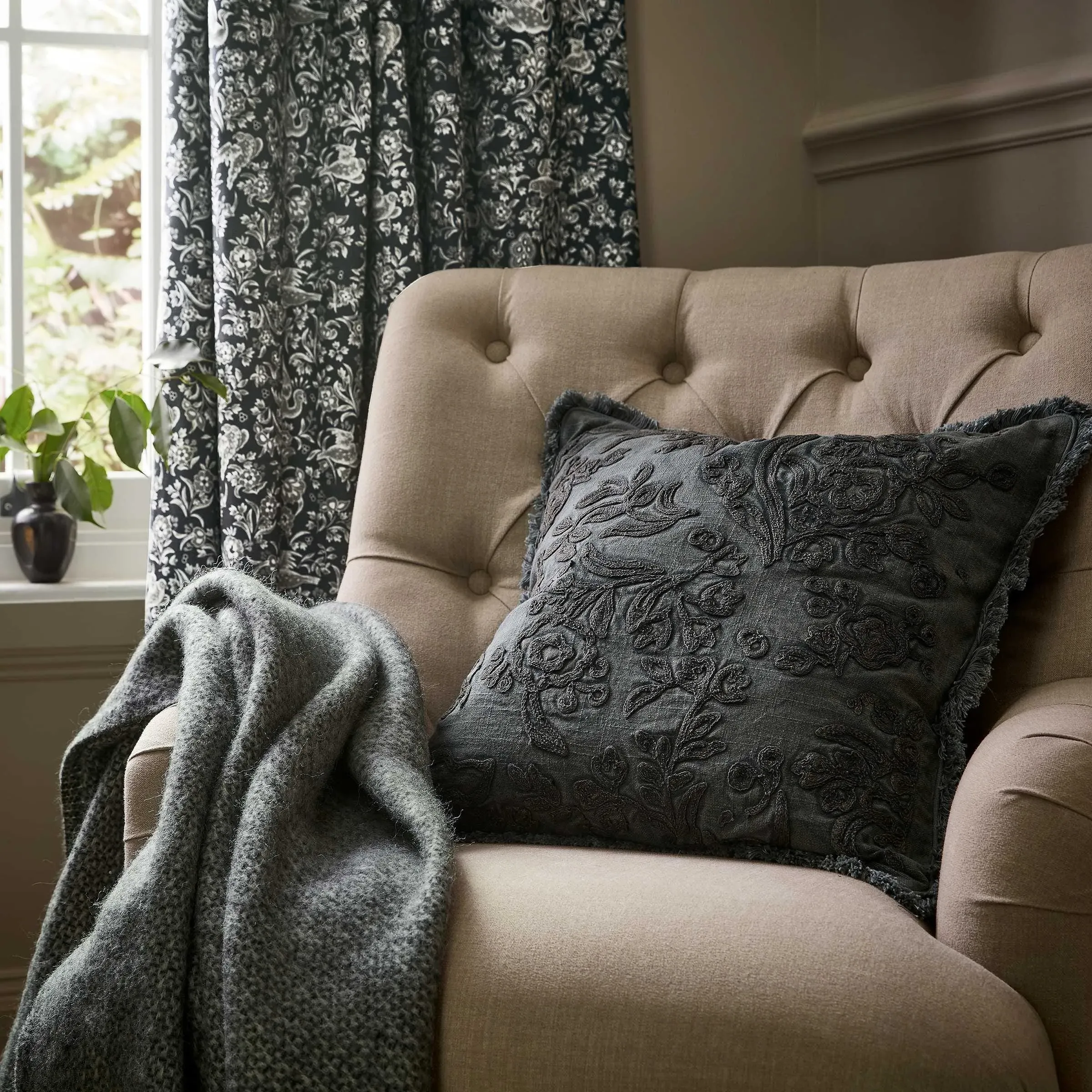 Square Cushion with Embroidery - Charcoal, Cotton