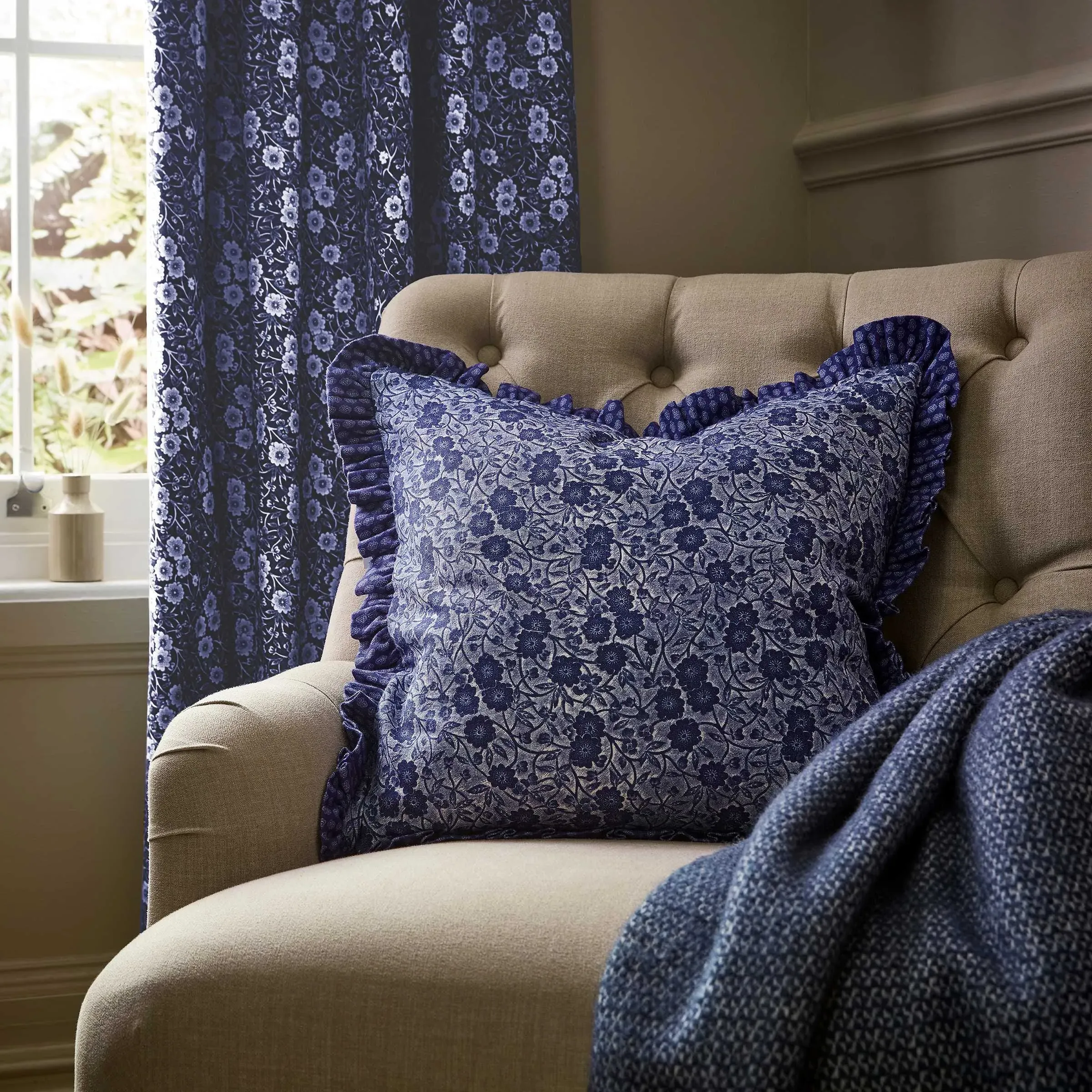 Square Cushion with Frilled Edge - Blue, Cotton