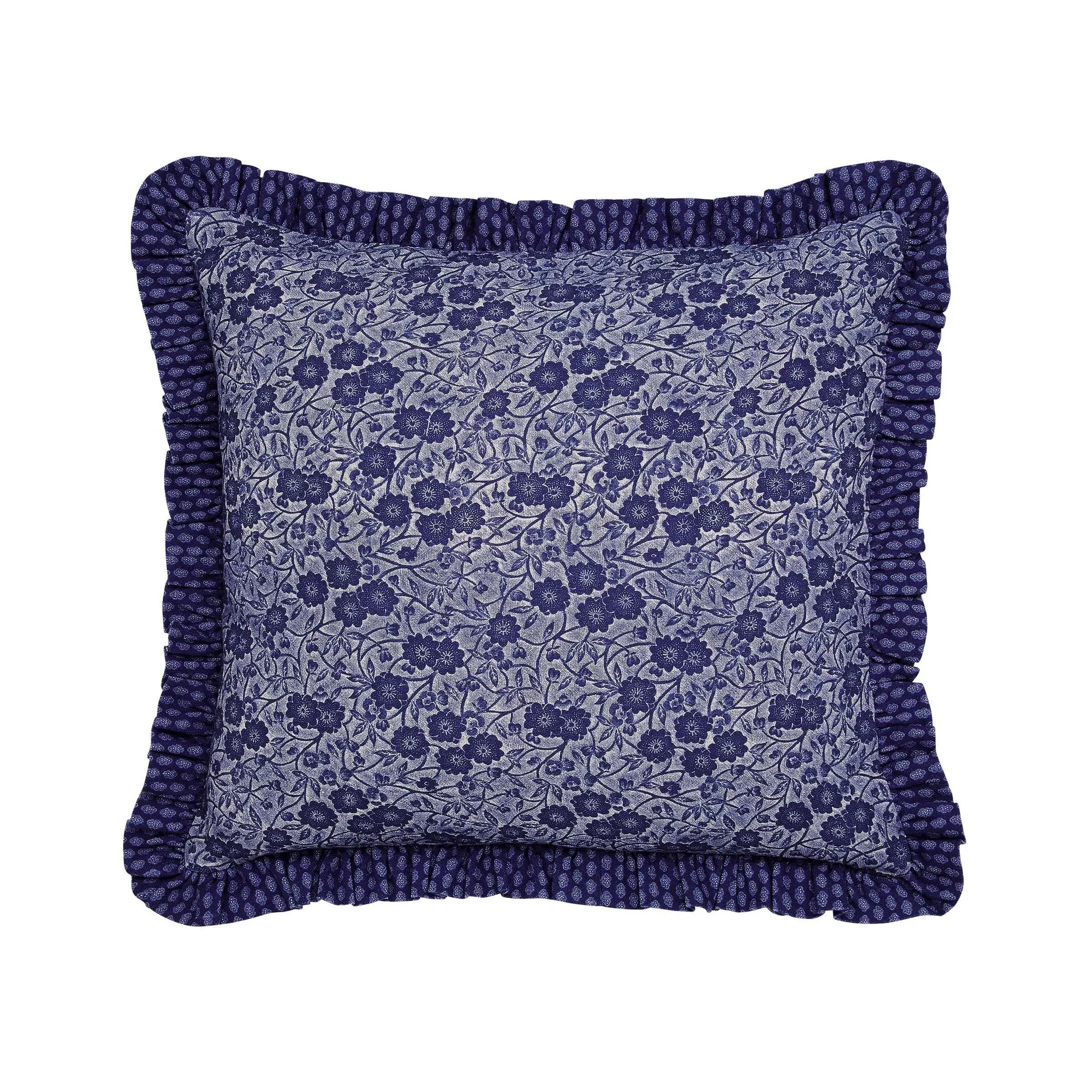 Square Cushion with Frilled Edge - Blue, Cotton