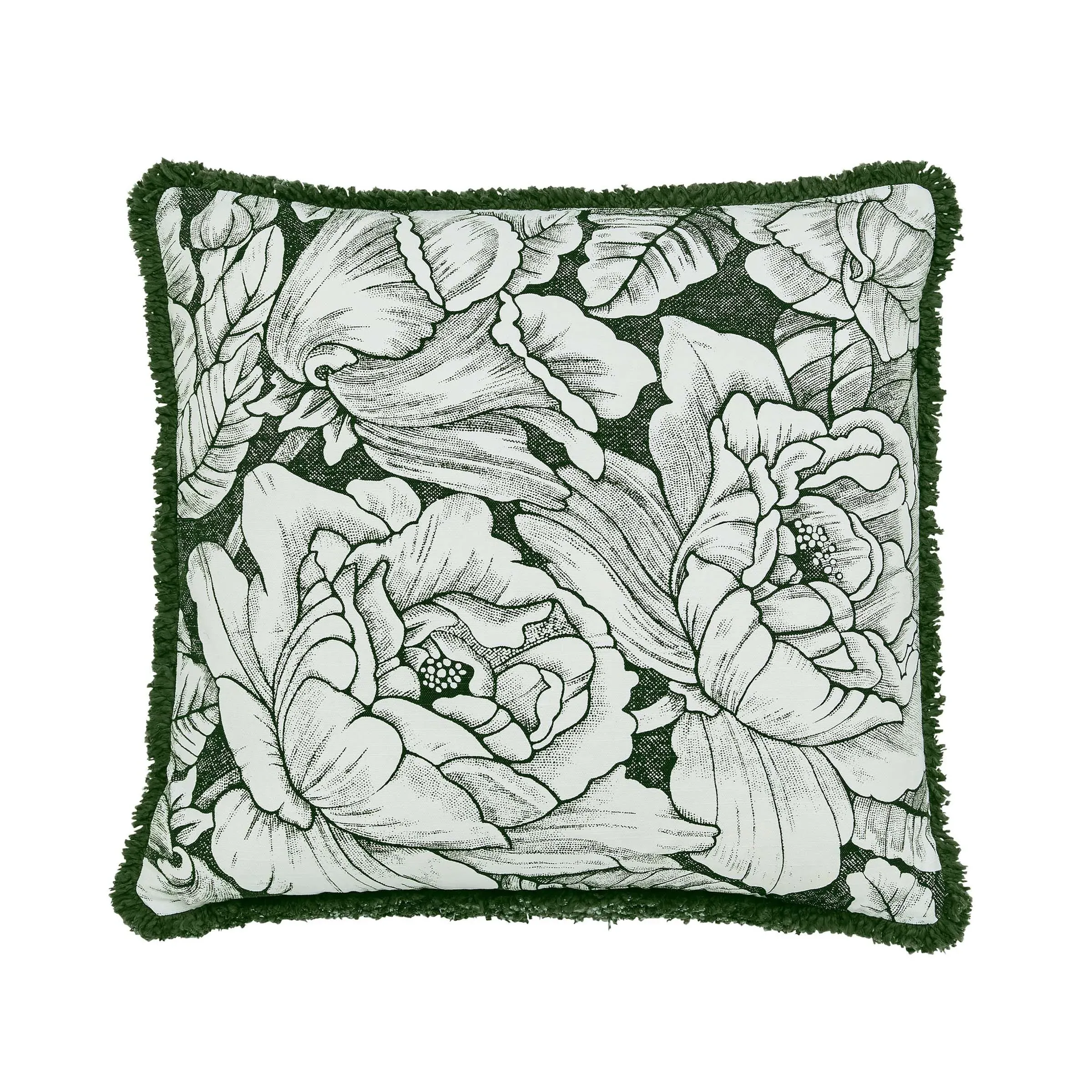 Square Cushion with Fringed Edge - Green, Cotton image