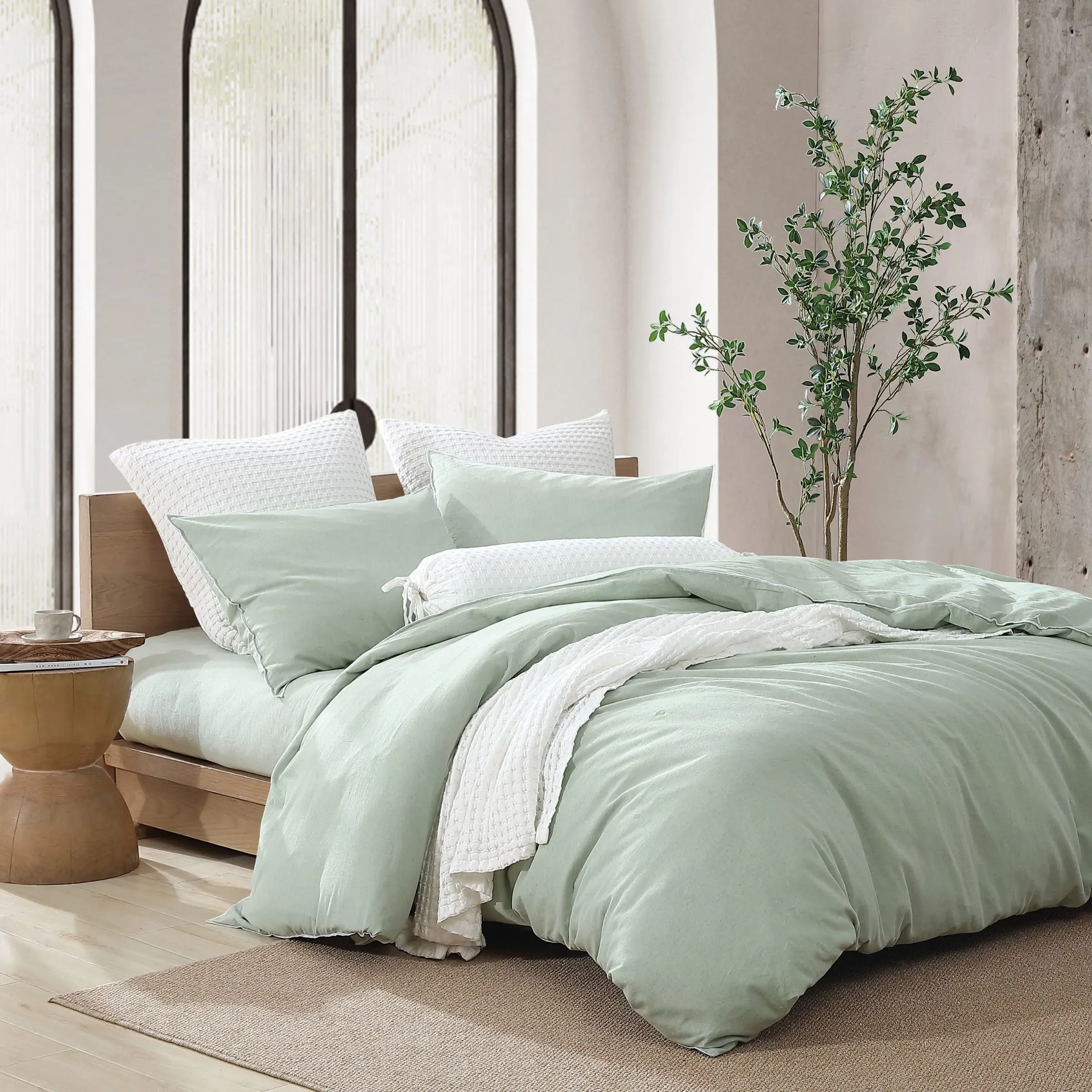 King Size Duvet Cover Set - Sage, Washed Linen