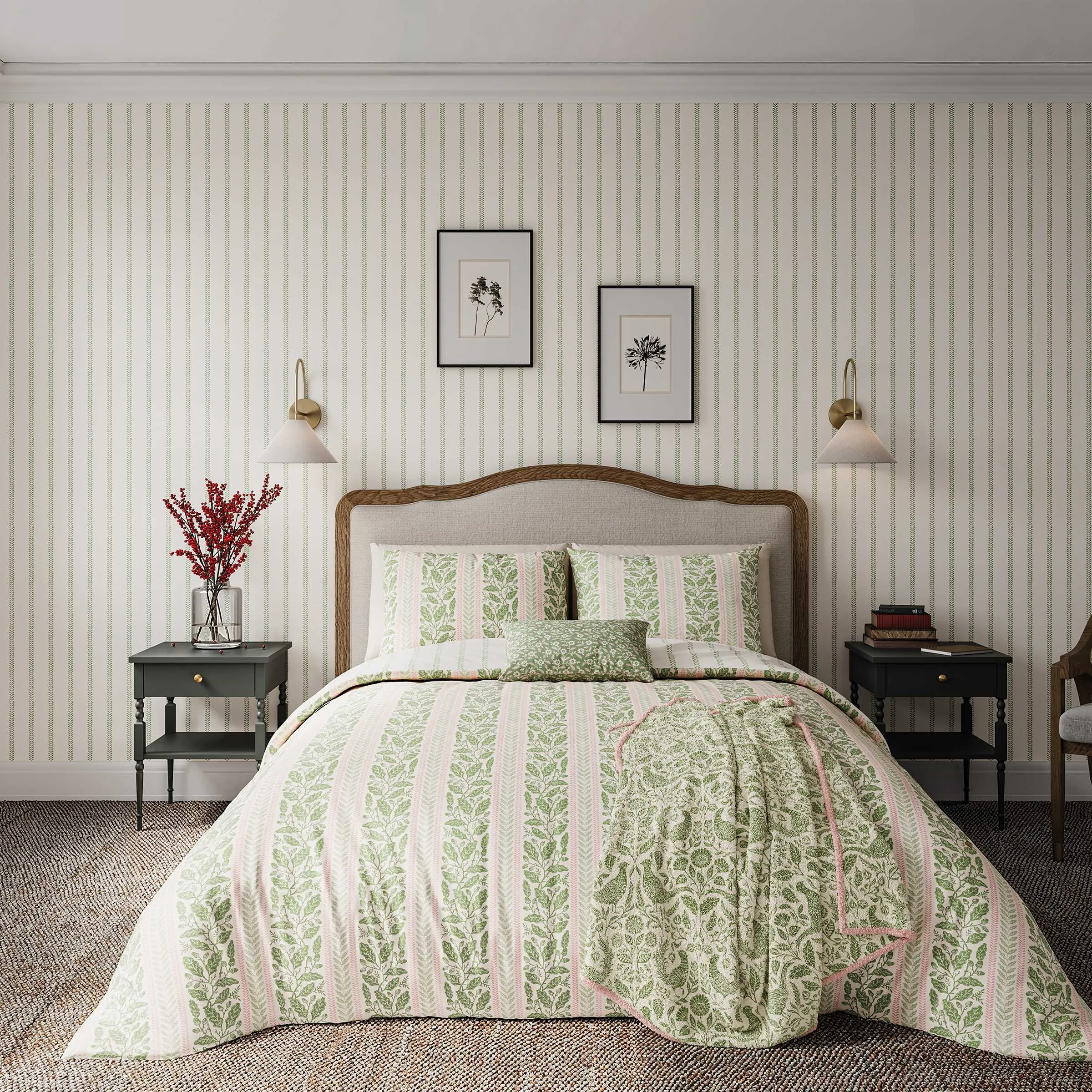 Single Duvet Cover Set - Green, Cotton