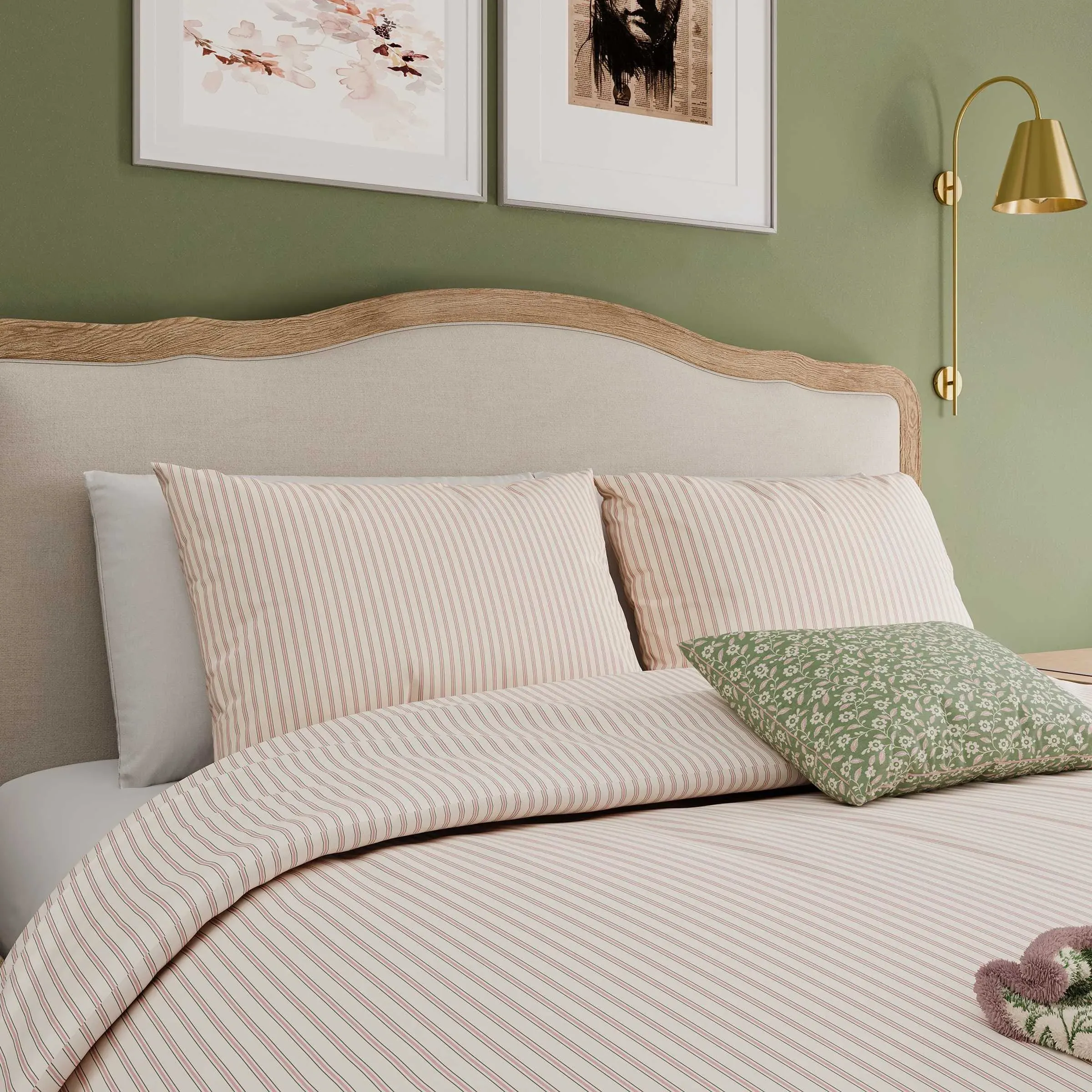 Single Duvet Cover Set Ticking Stripe - Green, Cotton