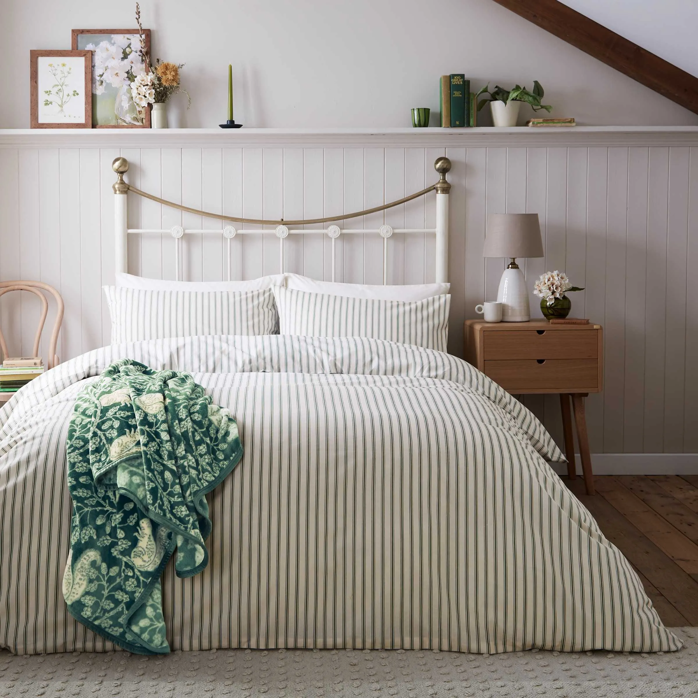 Ticking Stripe Single Duvet Cover Set - Sage, Cotton alternate view