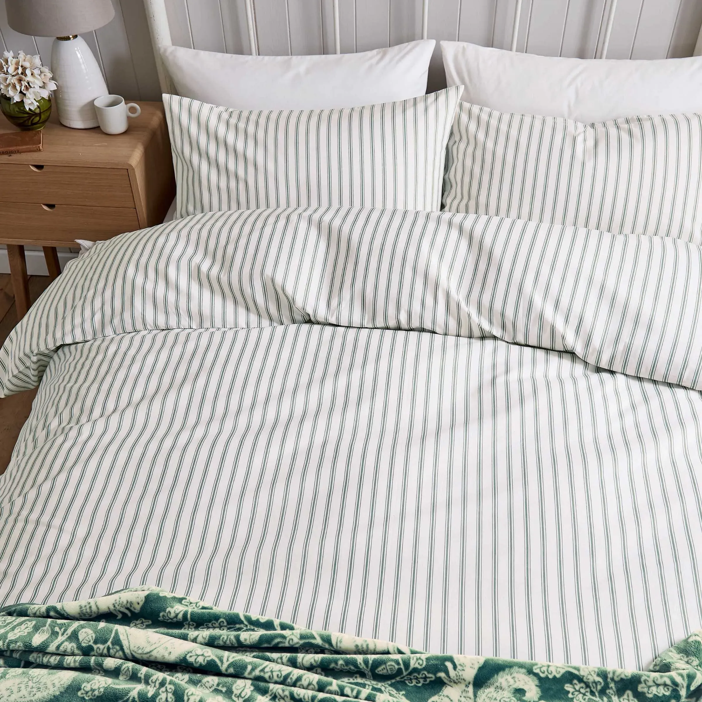 Ticking Stripe Single Duvet Cover Set - Sage, Cotton product