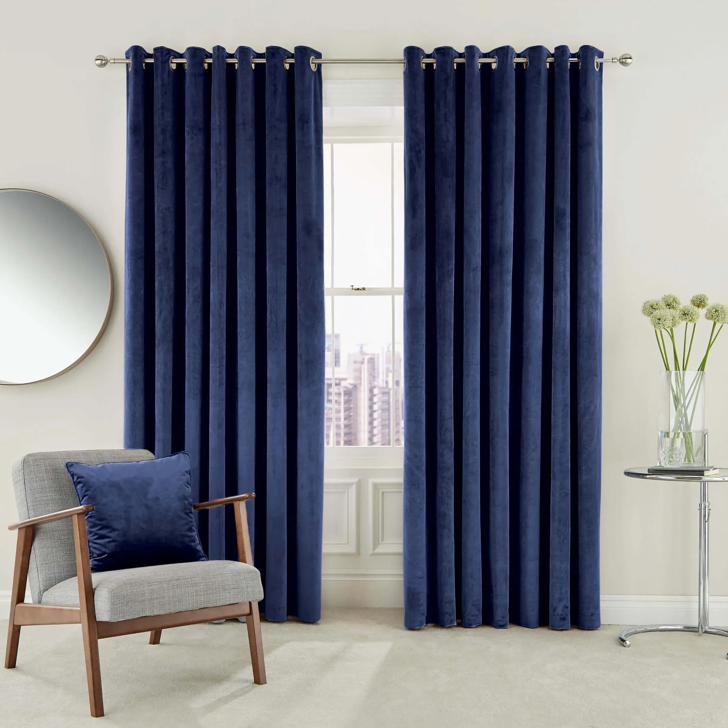 Lined Curtains with Eyelets - Electric Blue, Velvet
