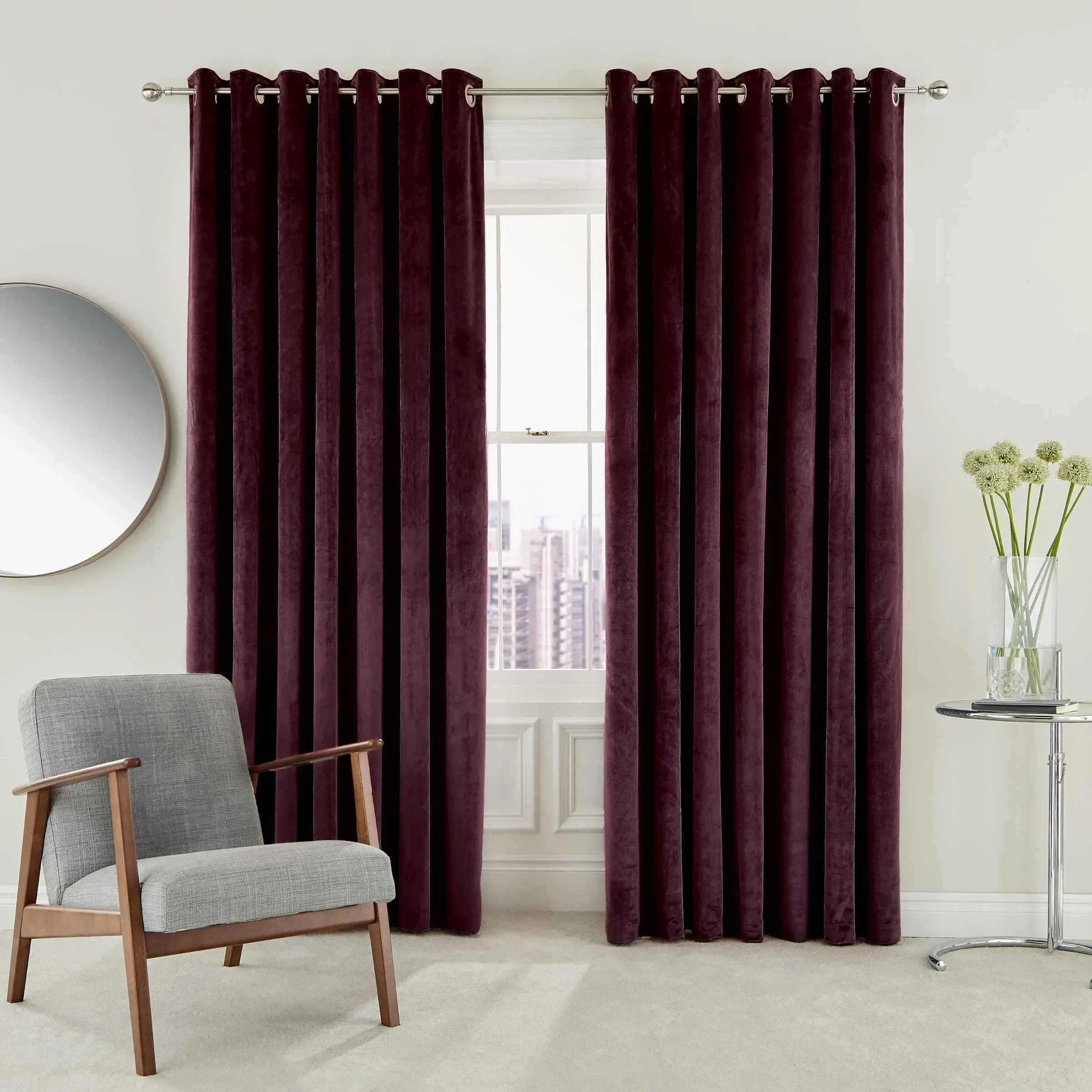 Lined Curtains with Eyelets - Mulberry, Velvet