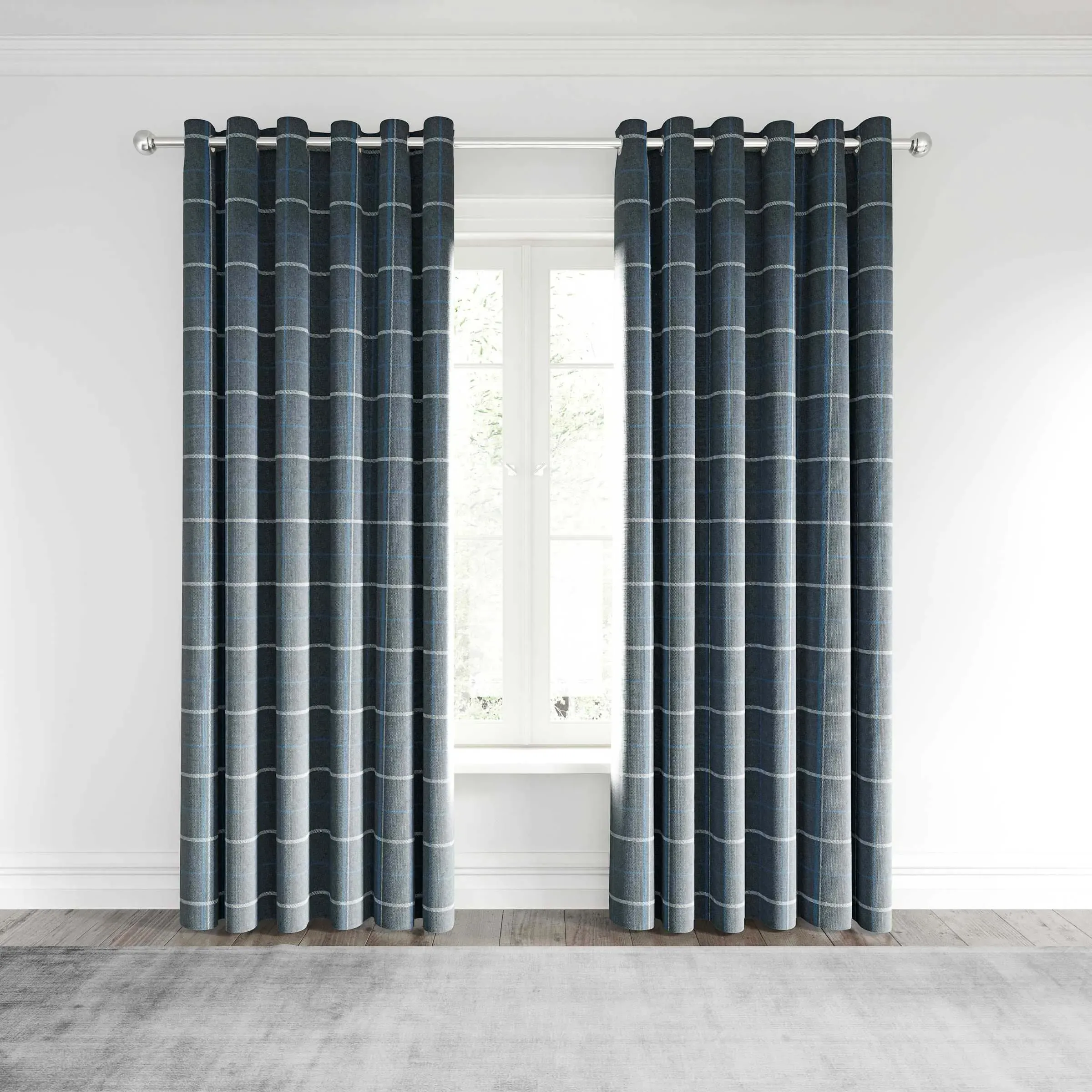 Lined Curtains with Eyelets - Navy, Polyester
