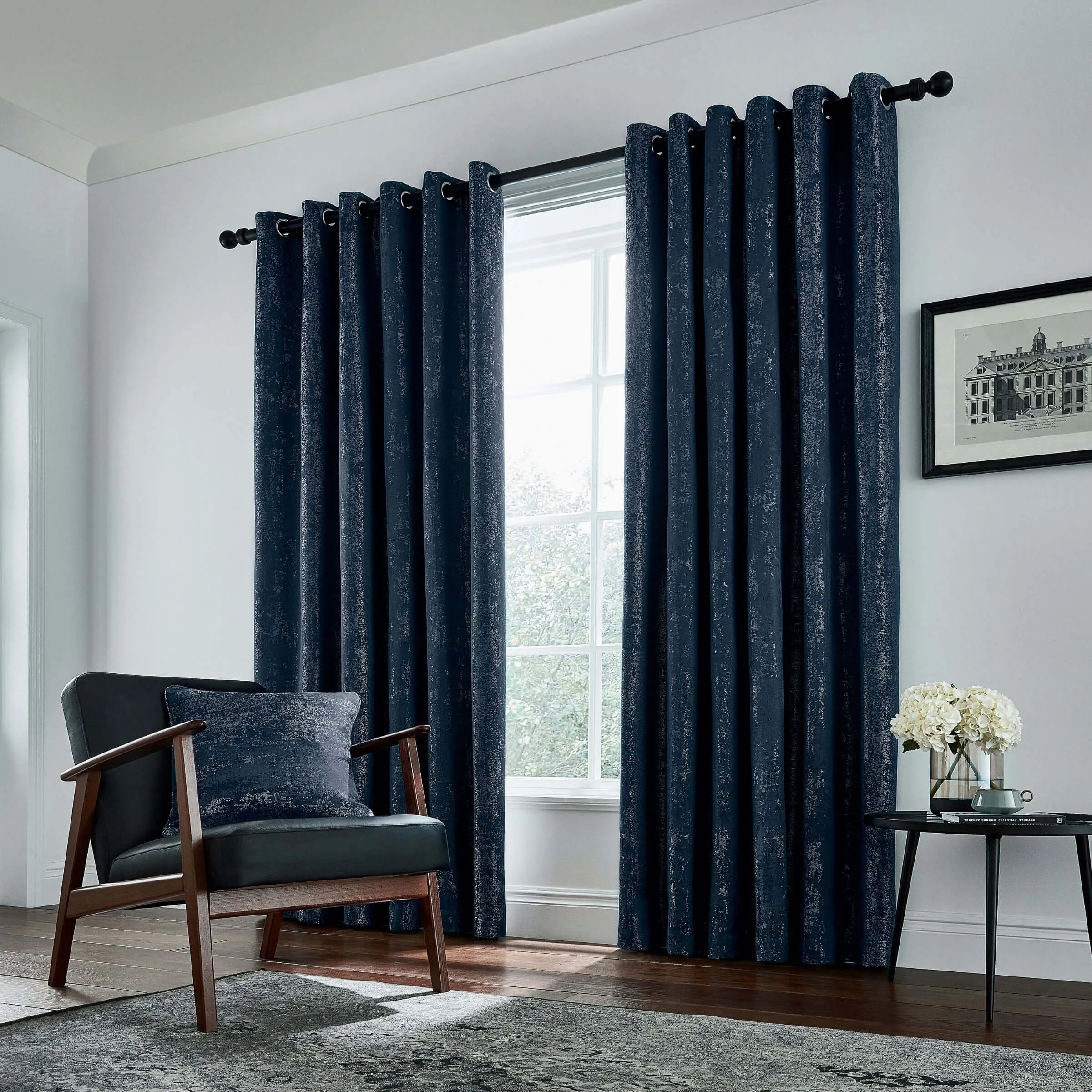 Lined Curtains with Eyelets - Navy