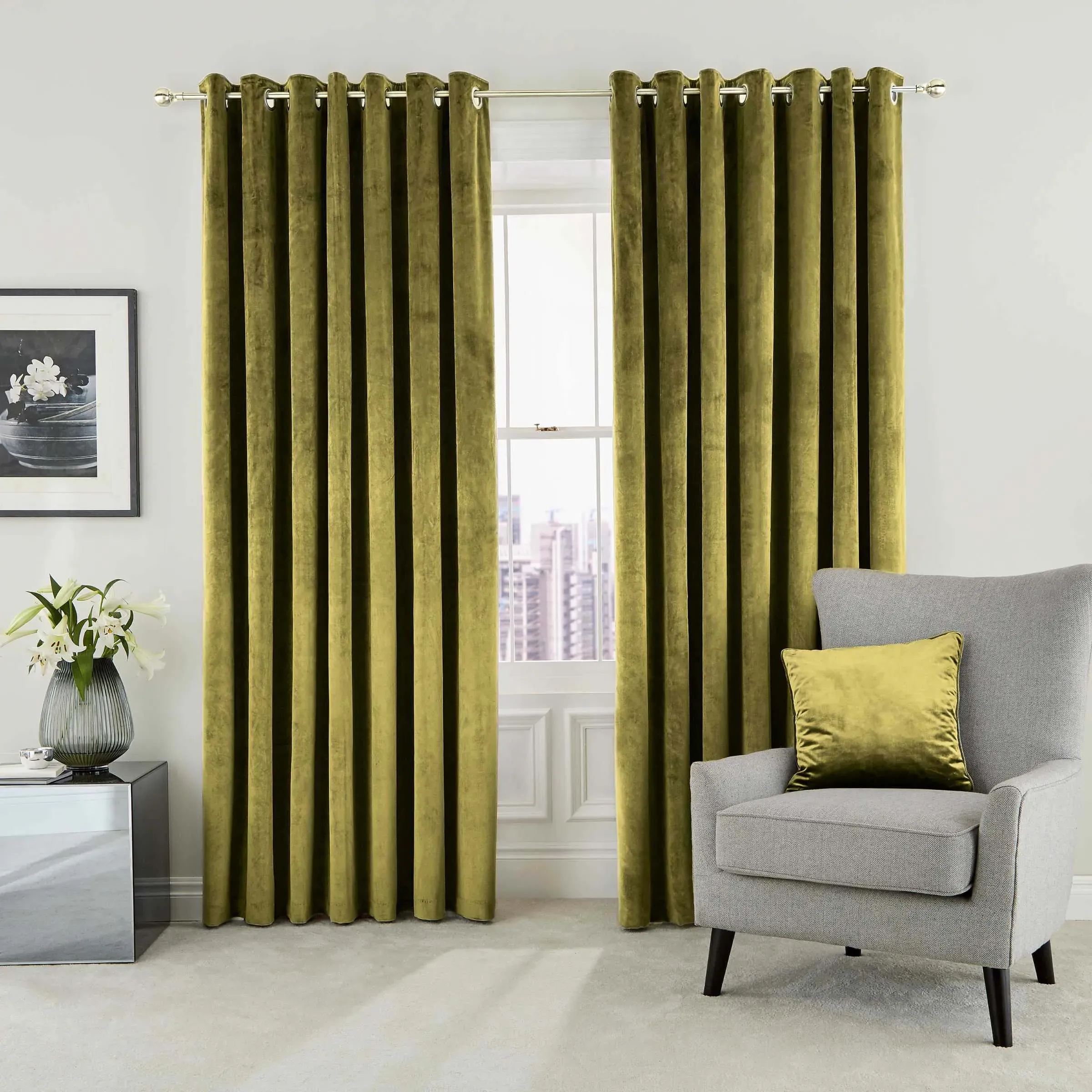 Lined Curtains with Eyelets - Olive, Velvet