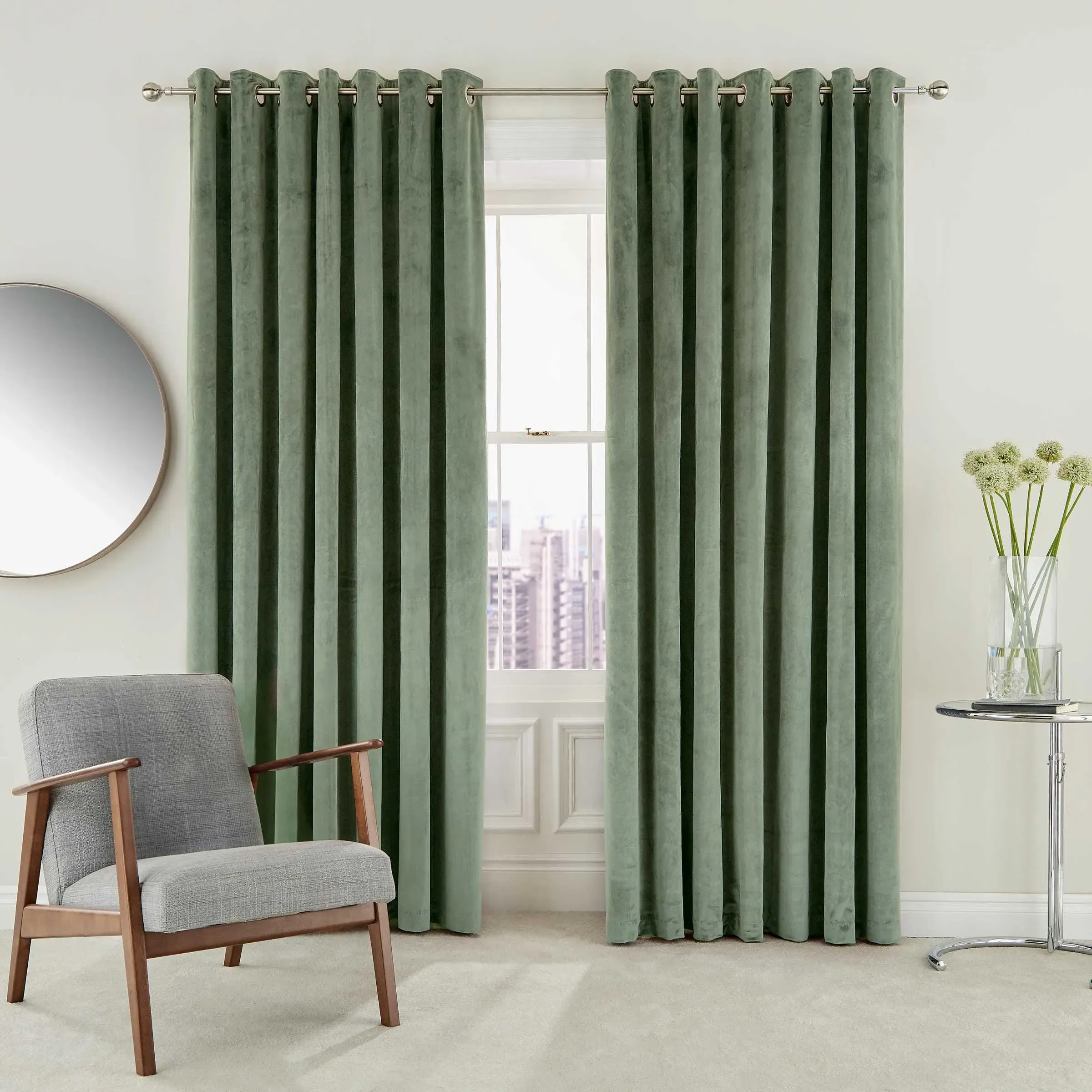Lined Curtains with Eyelets - Sage, Velvet