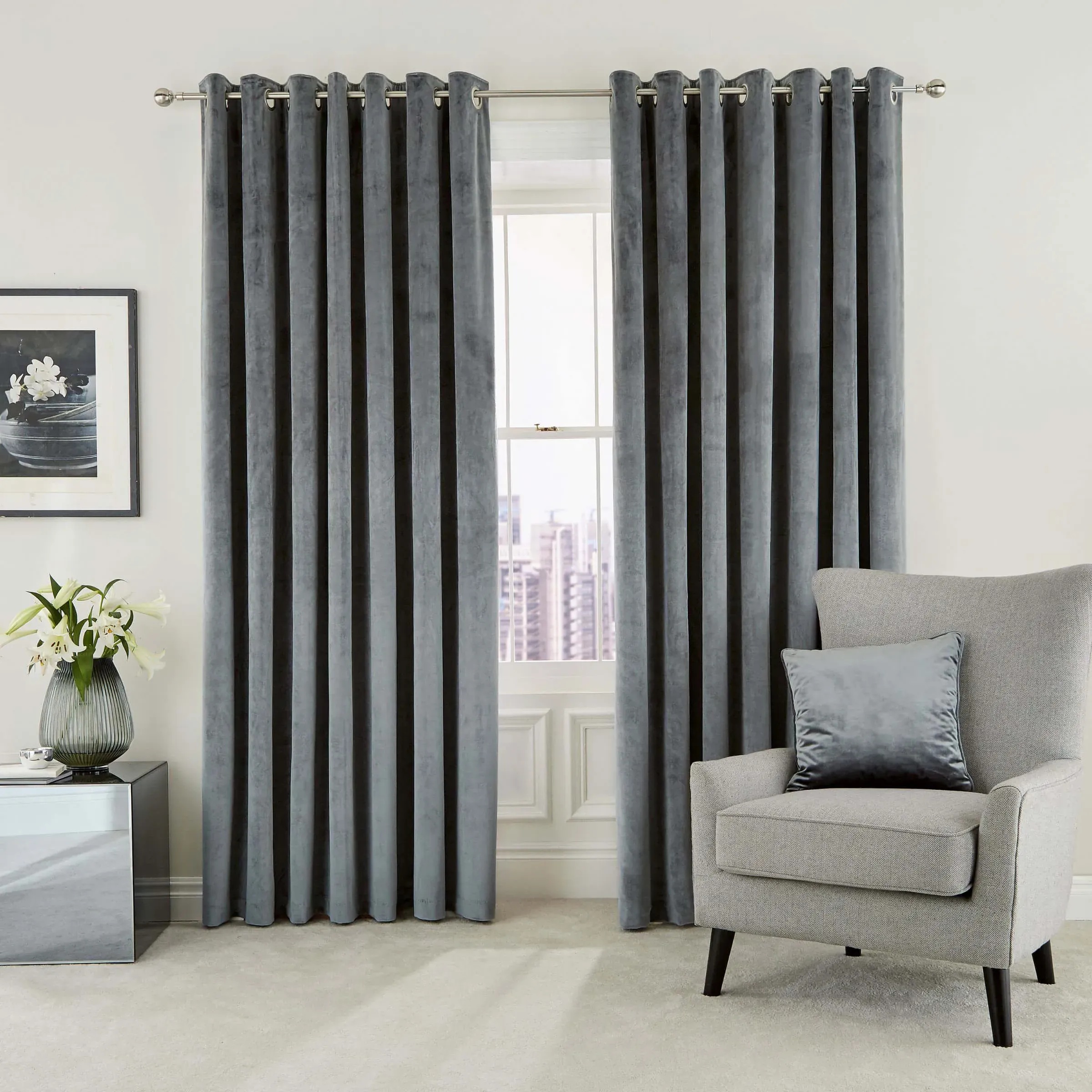 Lined Curtains with Eyelets - Steel, Velvet