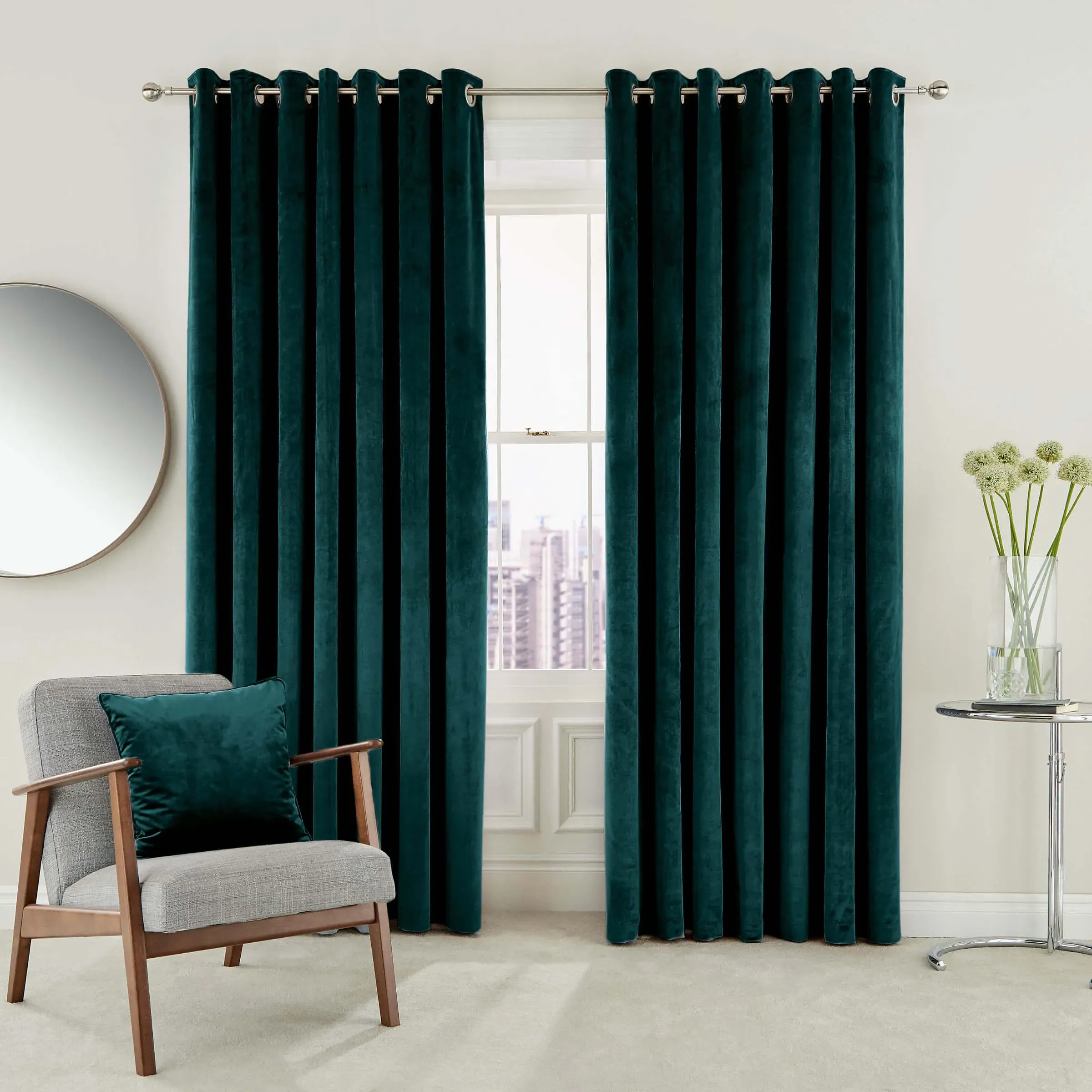 Lined Curtains with Eyelets - Teal, Velvet