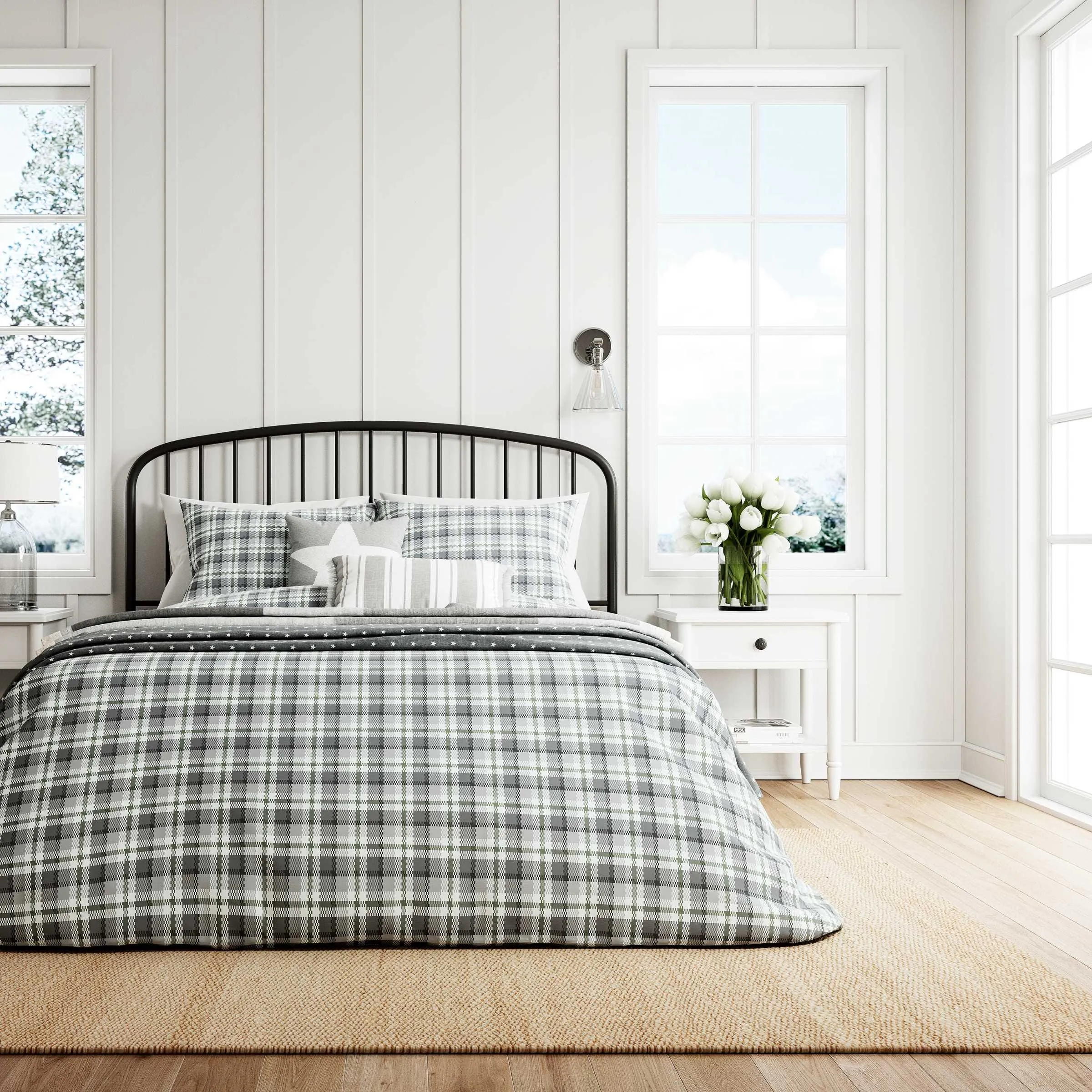 Double Duvet Cover Set Check - Grey, Cotton