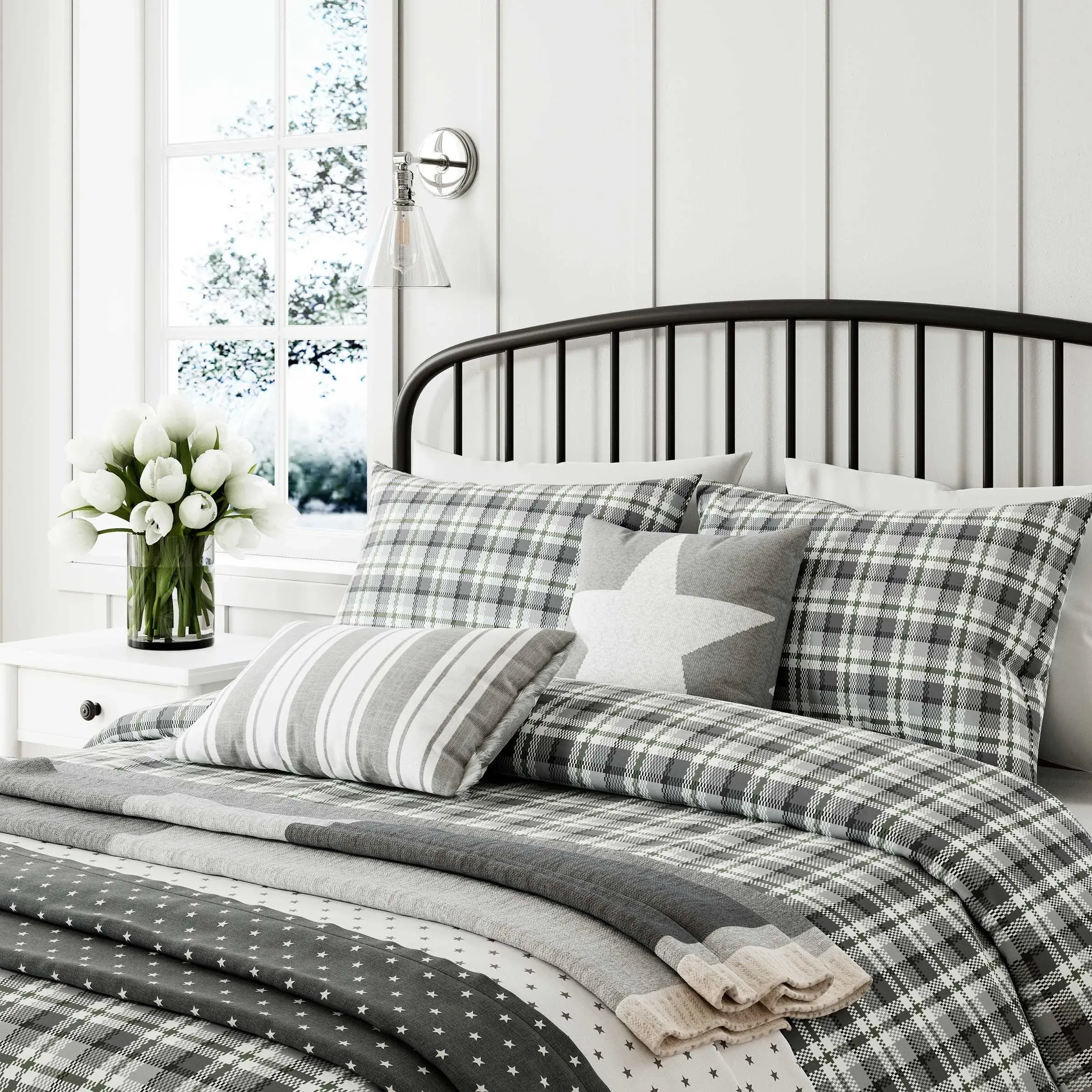 Double Duvet Cover Set Check - Grey, Cotton